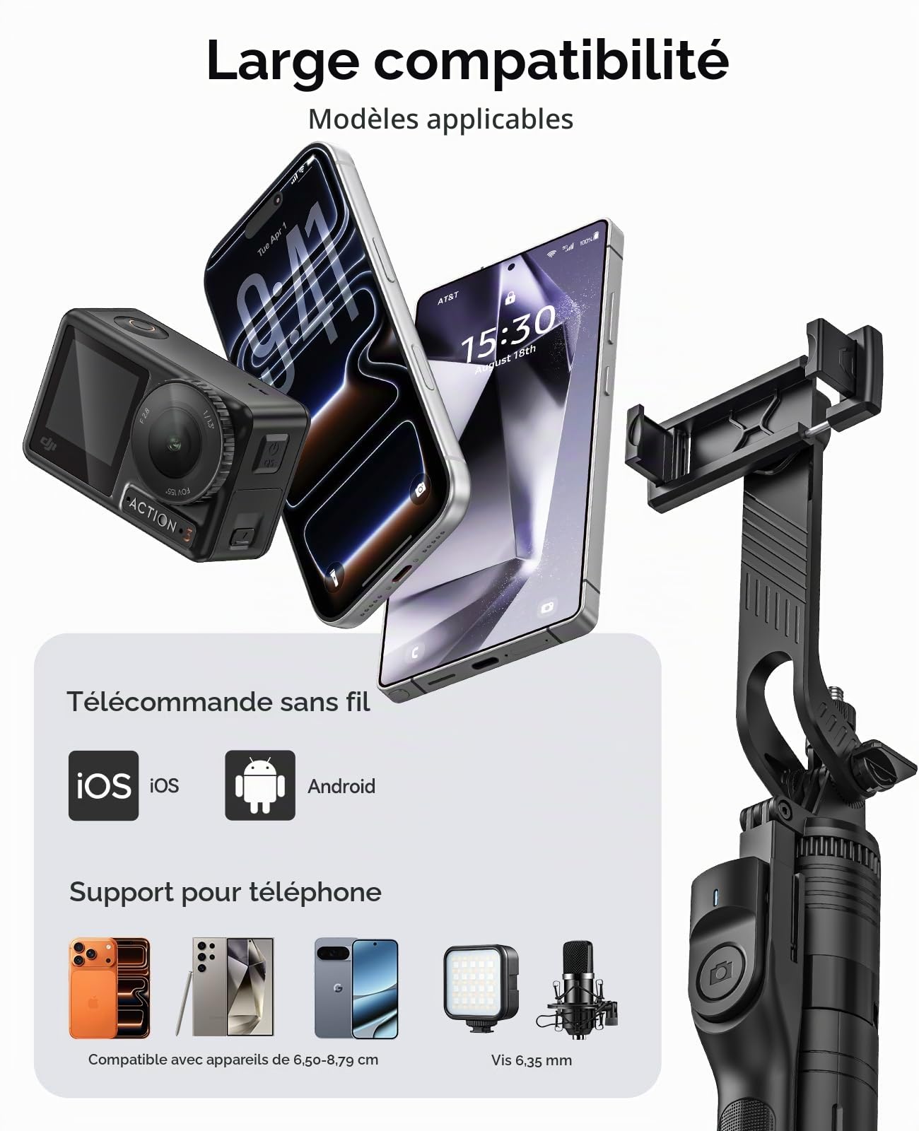 ORICO 190cm Trépied pour Smartphone, Perche a Selfie, Support Téléphone Rotatif avec Télécommande, pour Les Selfies de Groupe et Les Prises de Vue Plongeantes, Compatible avec iPhone et Android