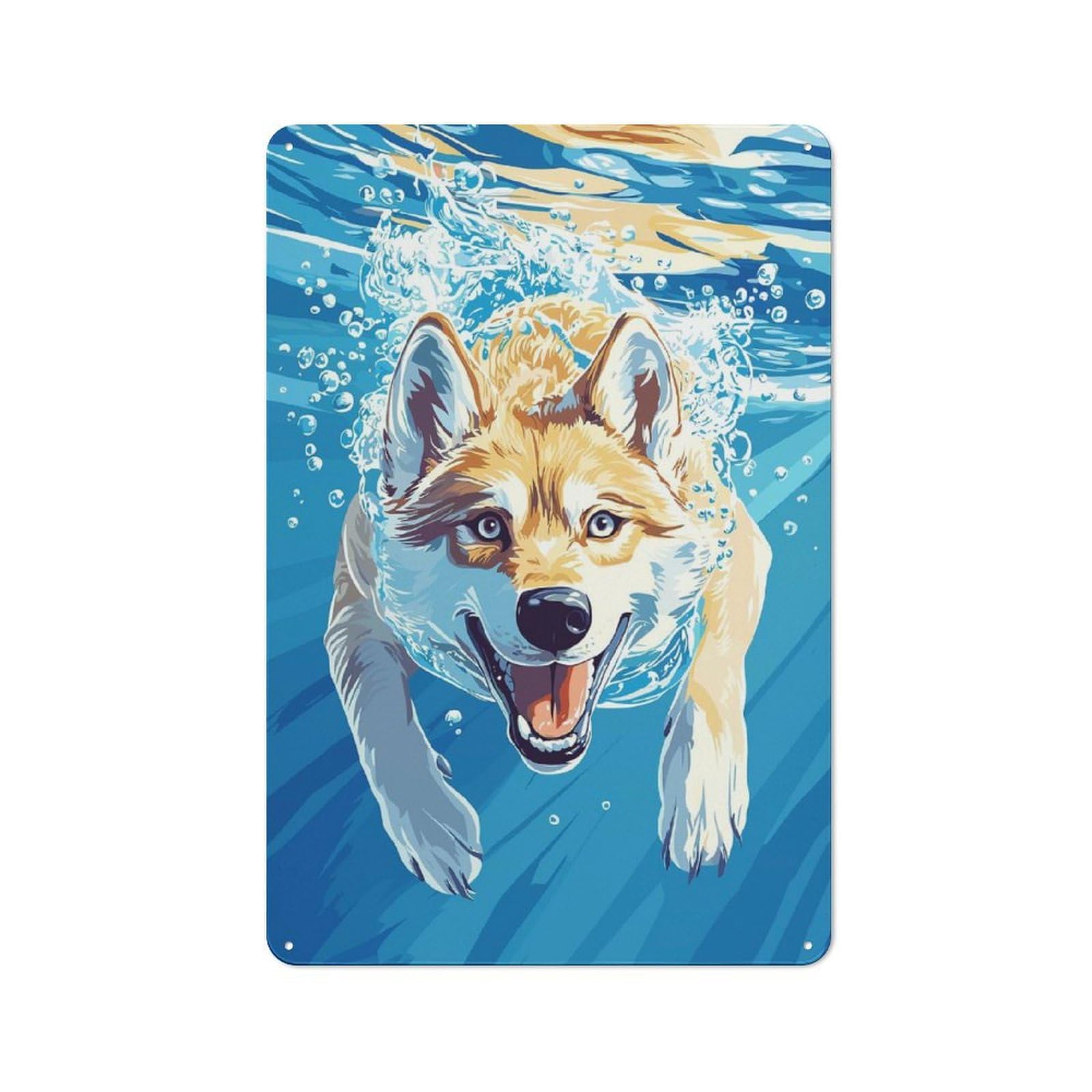 Junmoney Style-3 Dog Swimming Underwater Illustration Printed Metal Sign 30X20cm For Studio Or Craft Room, A Decorative Gift For A Newly Furnished Studio And Craft Room