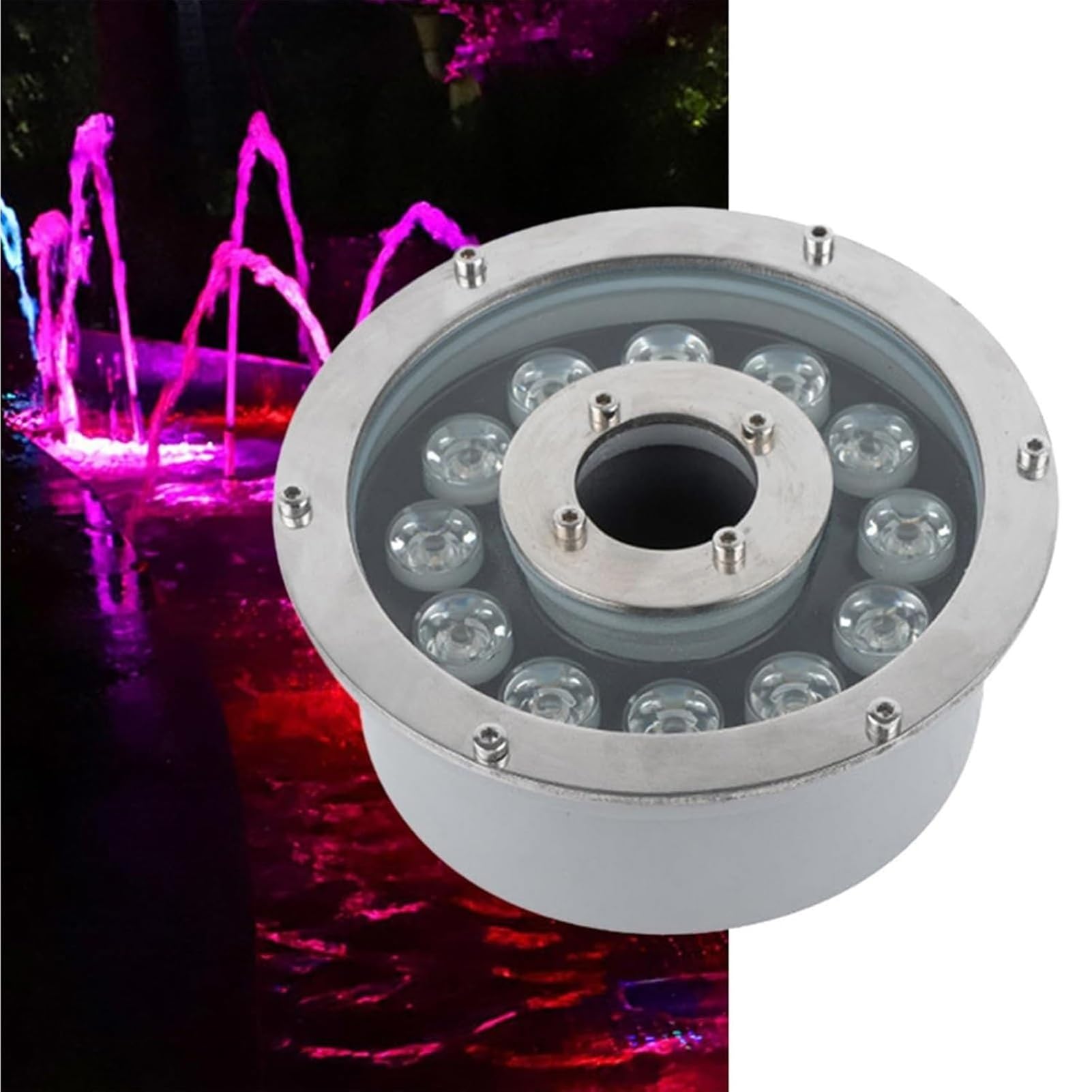 Faro Subacqueo RGB 12/24V per Fontane - Lampade Subacquee per Esterni, Luci A LED Impermeabili IP68 per Fontane, Luci Sommergibili con Foro Centrale per Laghetti(Warm White,12W(24V))