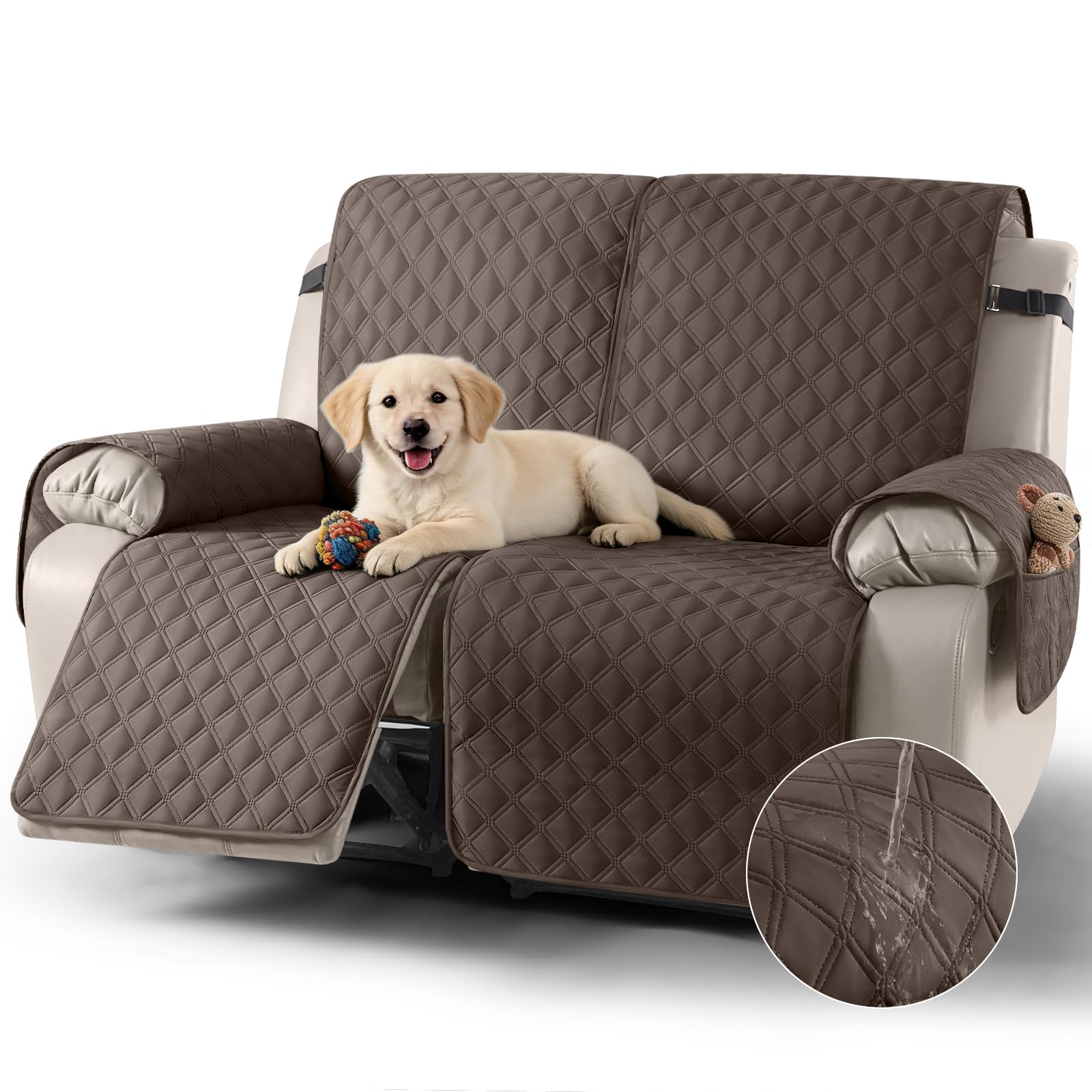 TAOCOCO Recliner Slipcovers,2 Seater Recliner Protector,Waterproof Recliner Covers,Armchair Covers with Pockets,Non Slip Reclining Sofa Covers Arm Chair Covers for Pets/Dogs/Kids(Brown)