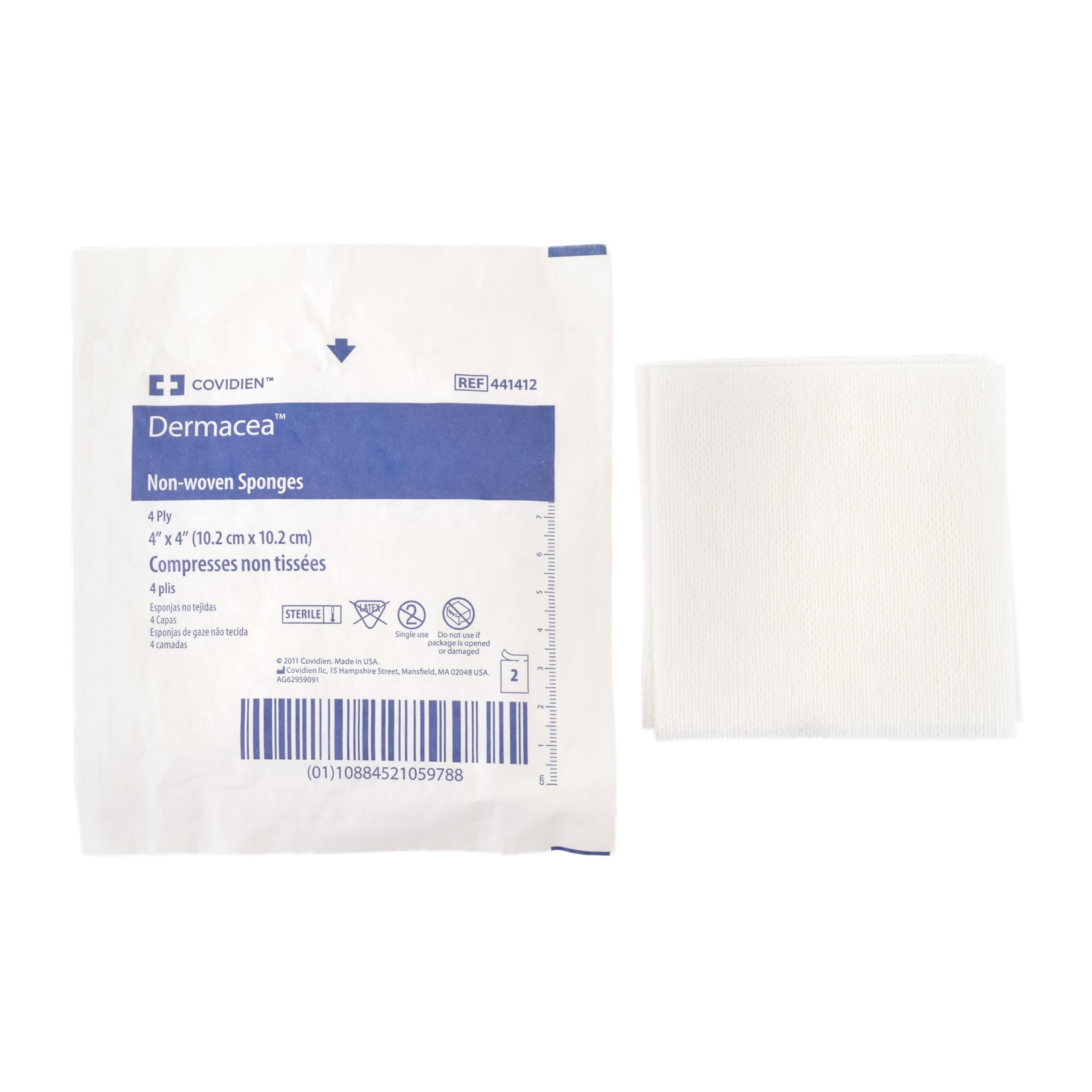 Cardinal Health™ Dermacea™ Esponja de gasa multiusos no tejida estándar, estéril, 4 x 4 pulgadas, 4 capas, 441412, caja de 1200