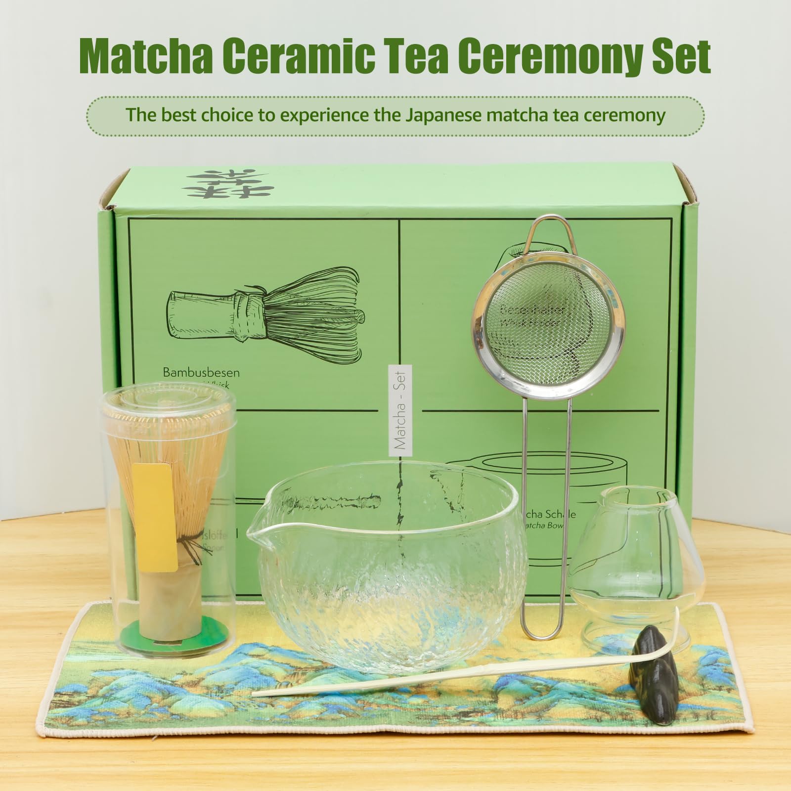 Marce Matcha Whisk Set - 7-Piece Bamboo Whisk, Bowl With Spout, Sifter, Scoop & Holder, Ceramic & Bamboo