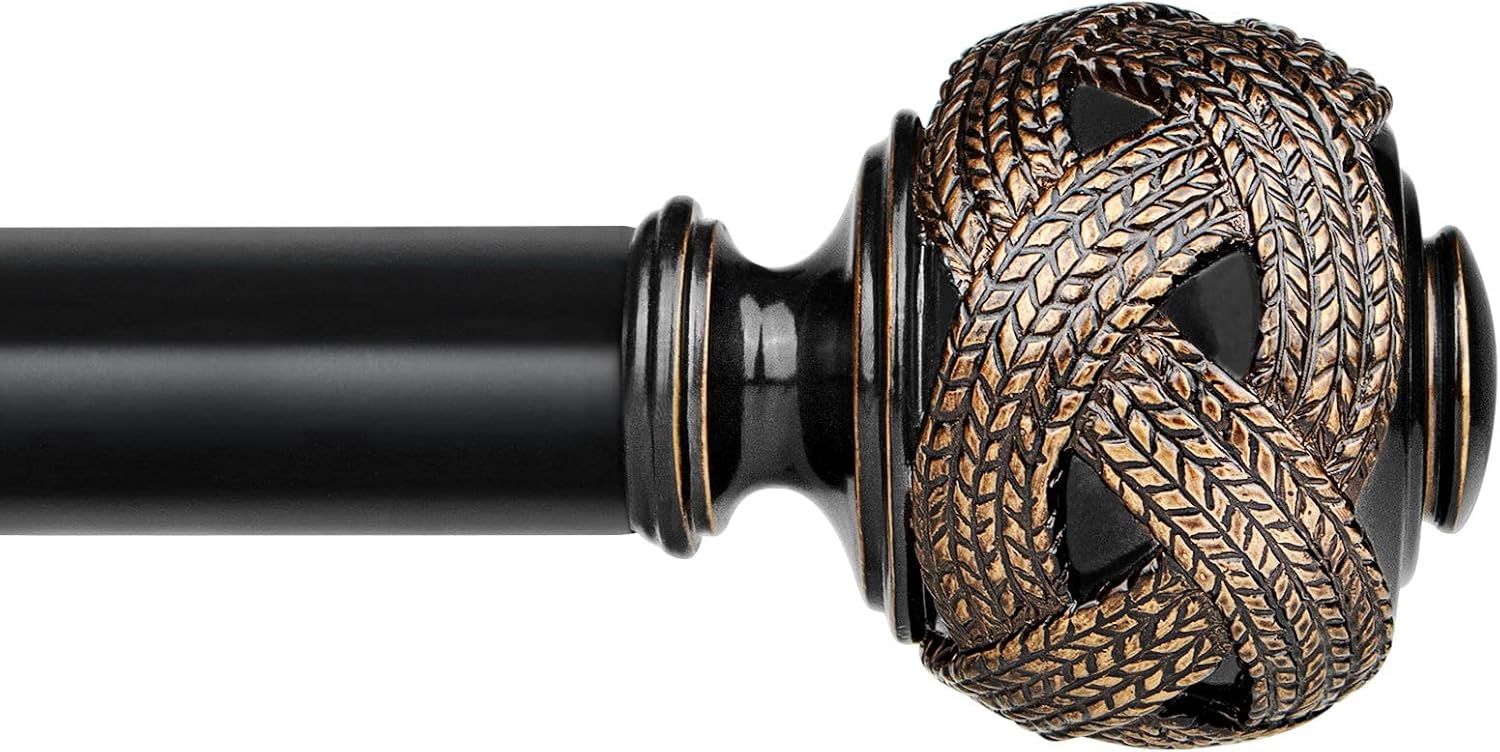 Black Curtain Rods 48 to 84 Inches with Leaf Finials and 2 Pack Black Curtain Holdbacks, Telescoping Splicing Drapery Rods, Decorative Window Drapery Tiebacks(bundles)