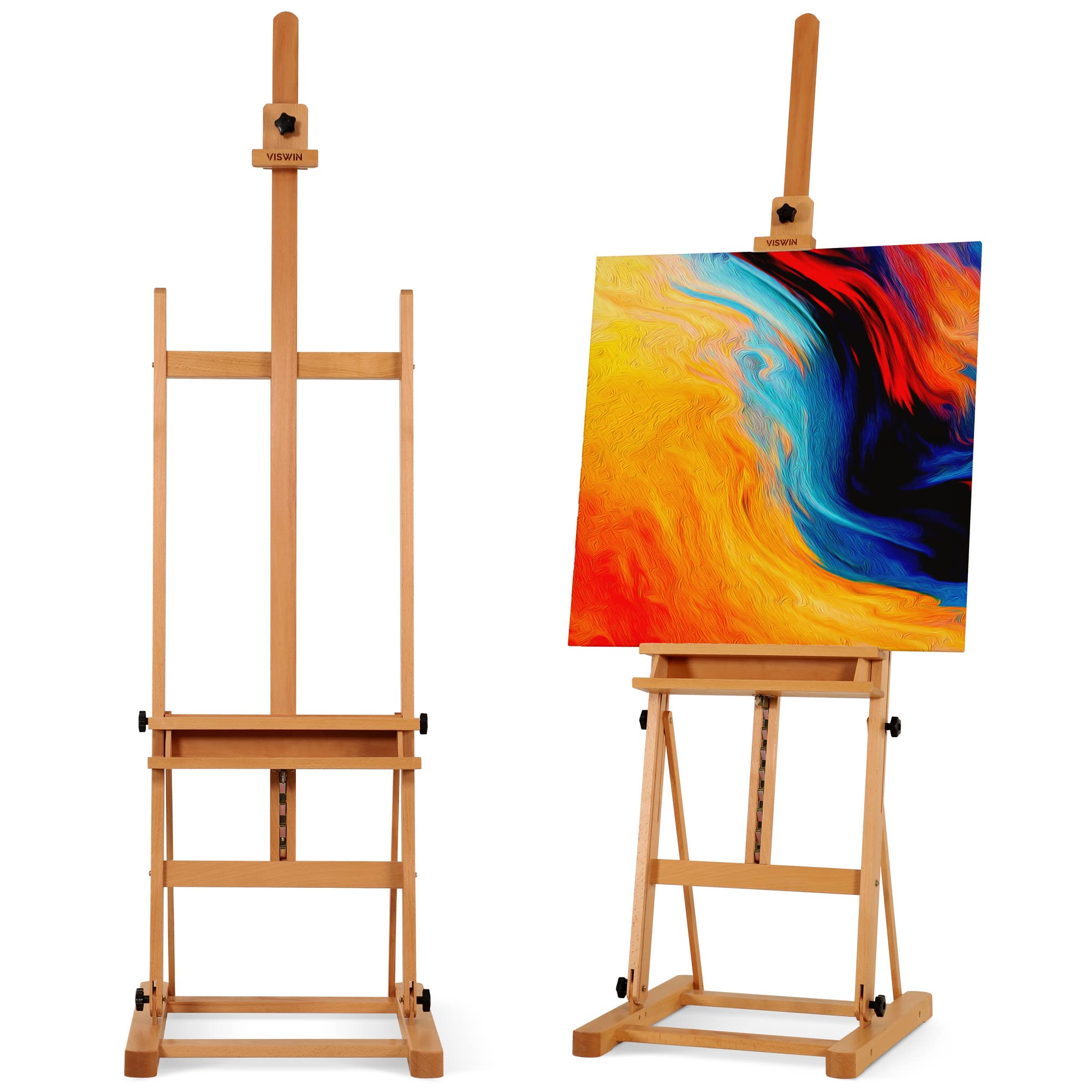 VISWIN Medium H-Frame Easel 67"-95" H, Adjustable Beech Wood Artist Easel Stand for Painting with Storage Tray, Hold Canvas up to 49", Art Floor Easel for Adults, Beginners, Students