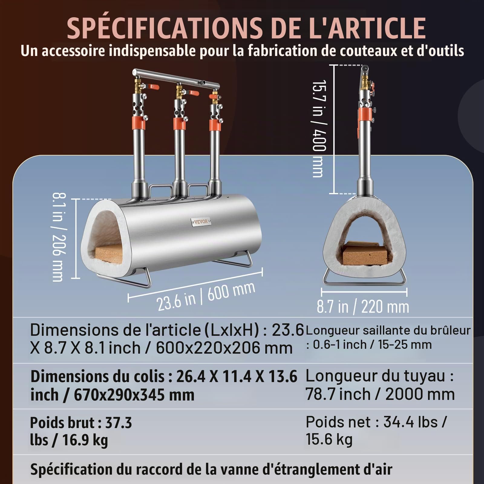 VEVOR Forge à Gaz Propane Portable, Four de Forge à Gaz Ovale avec 3 Brûleurs, Température Max 1427 ℃, Outils et Équipements de Forgeage au Gaz en Inox, pour Couteliers Maréchaux-Ferrants Forgerons