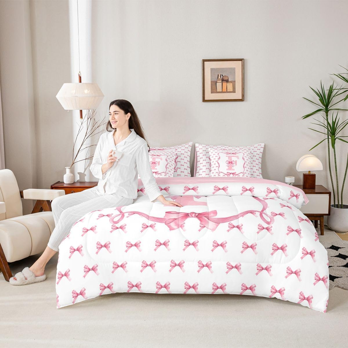 Feelyou Girls Pink Bow Queen Comforter Set with Sheets for Kids Boys Girls Cute Bowknot 7 Pieces Bedding Set Personalized Letter F Bed in a Bag Room Decor Soft Lightweight Microfiber