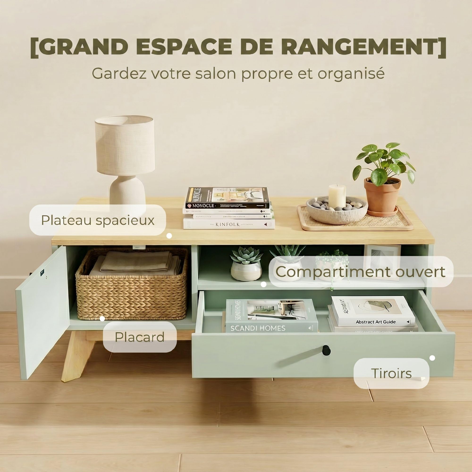 HOMCOM Table Basse de Salon Tiroir 100 x 50 x 40 cm Vert Clair et Chêne