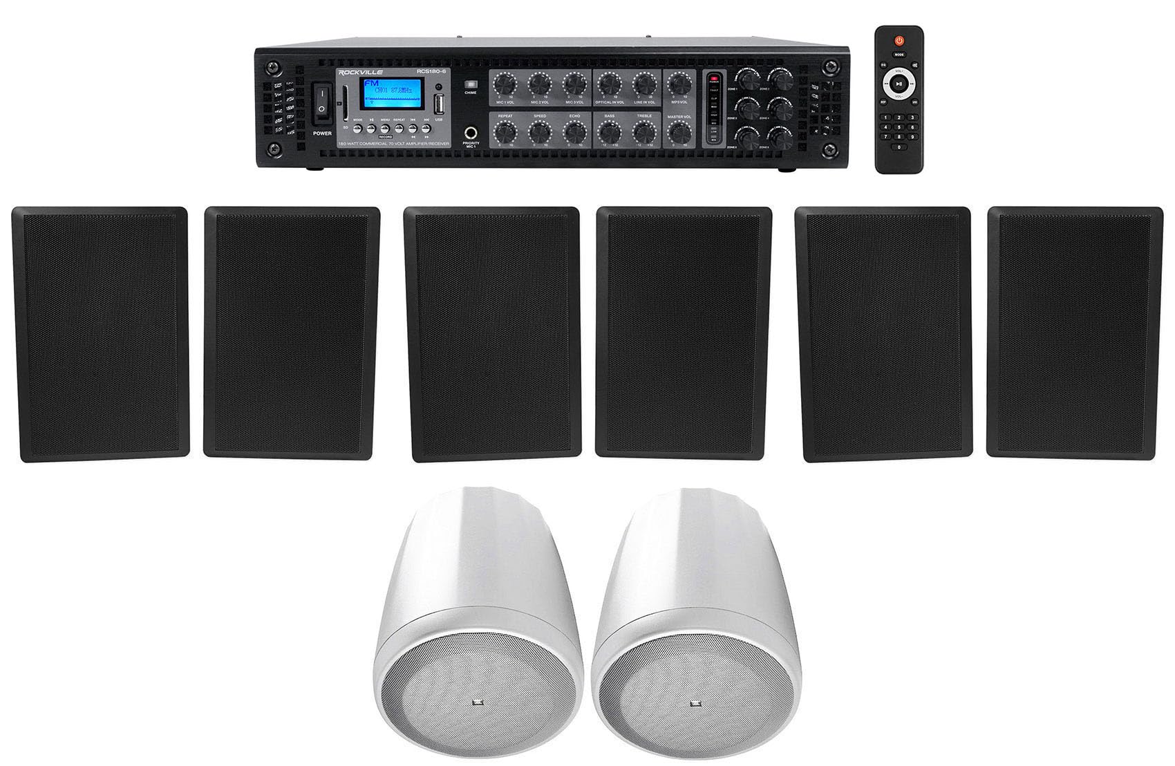 Rockville Bundle: (1) RCS180-6 180 Watt 6 Zone 70v Restaurant Amplifier Bundle with (6) RockSlim 70B Black 5.25