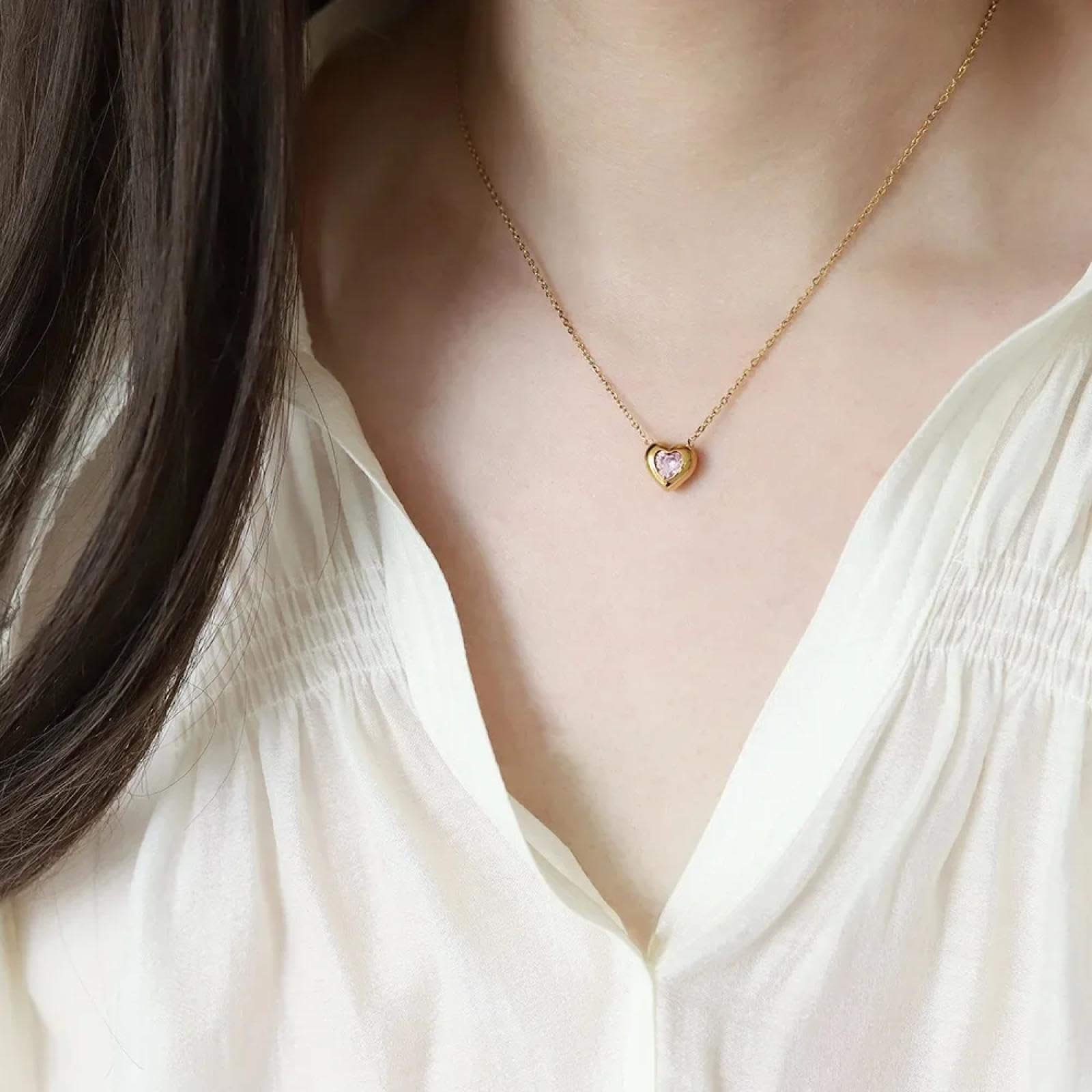Mini collana con ciondolo a forma di cuore, rosa, grazioso, da donna, gioiello per amore