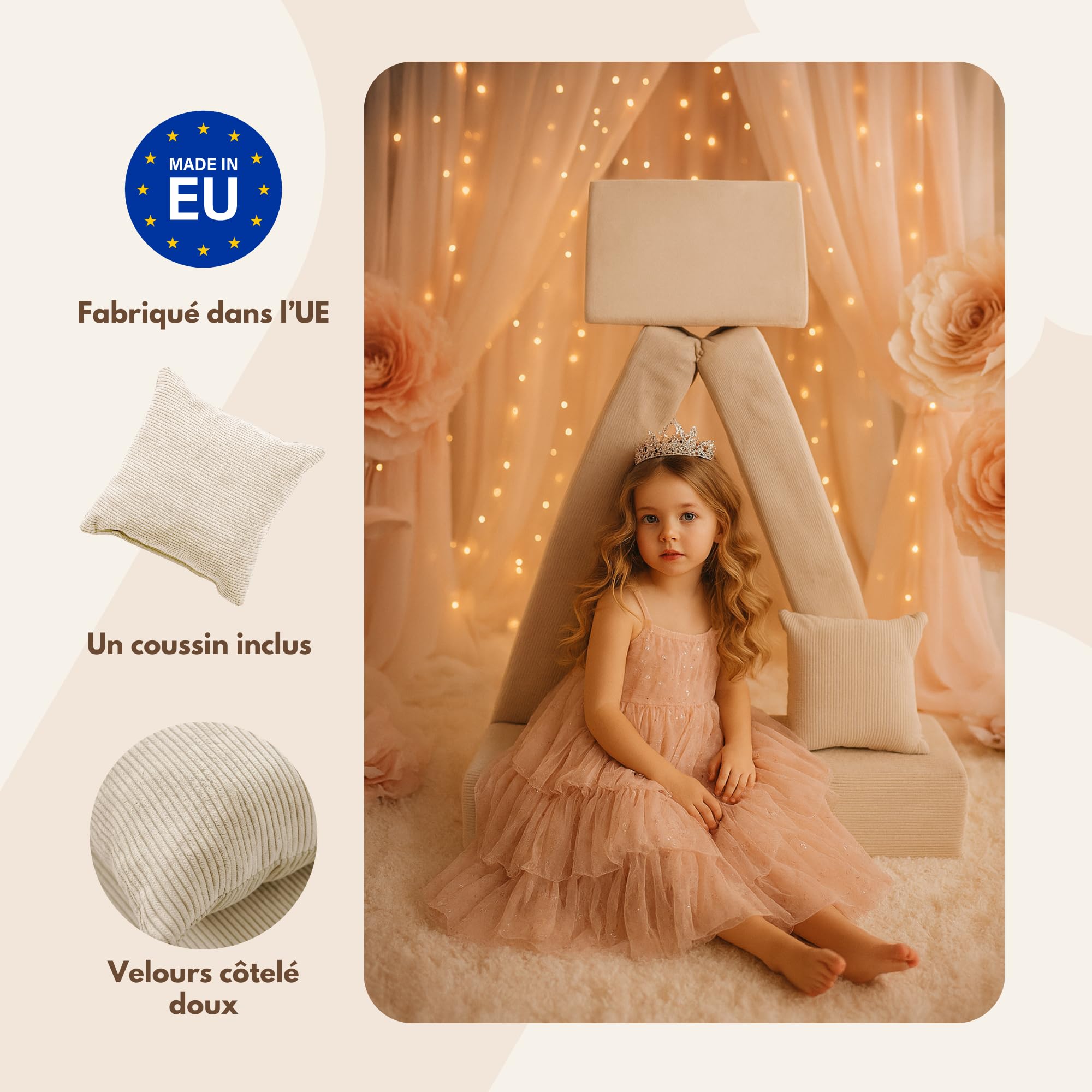 Angelove Fauteuil Enfant 3‑en‑1 - Canapé Modulable et Matelas de Jeu en Velours Côtelé, Confortable dès 1 an, Beige