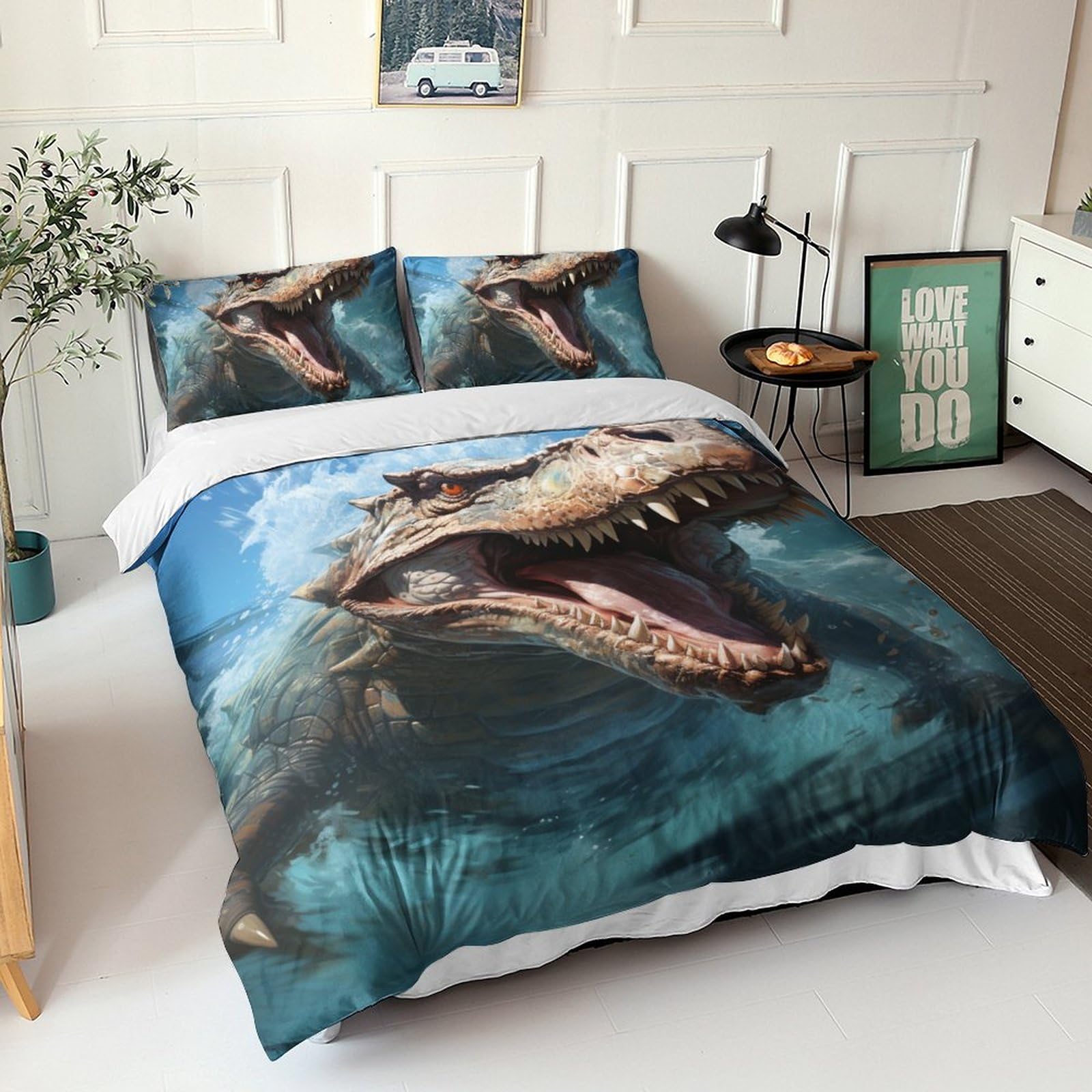 Parure de lit dinosaure 3 pièces avec housse de couette en microfibre et taie d'oreiller