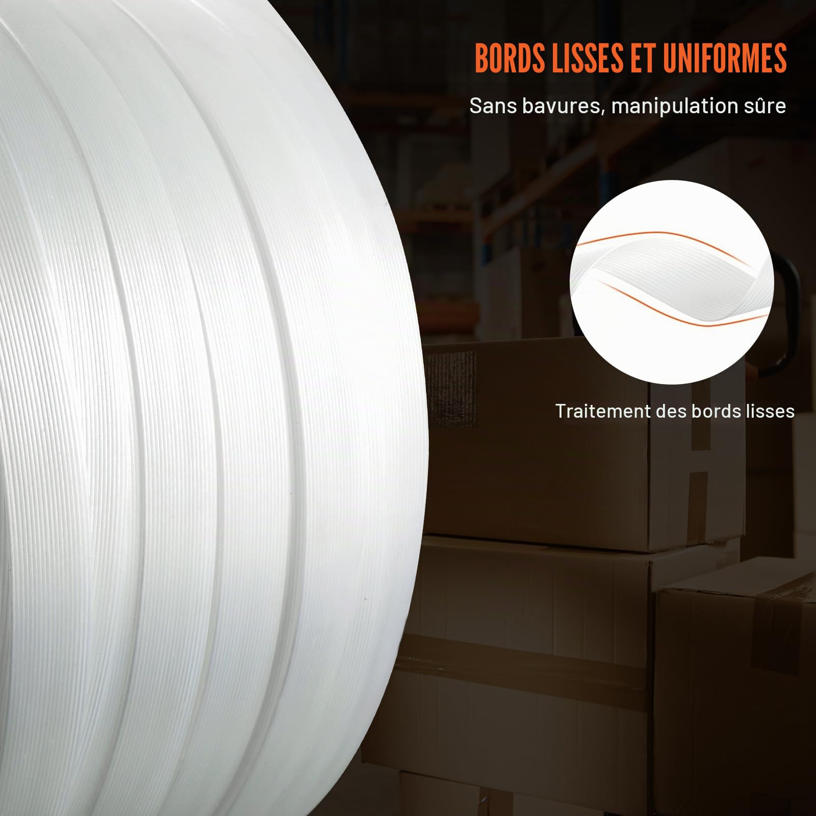 VEVOR Rouleau de cerclage en sangle tissée pour emballage, 100 m x 19 mm x 0,9 mm, bobine de cerclage robuste pour palettes, haute résistance 800 kg, feuillard de cerclage tressé portable, blanc