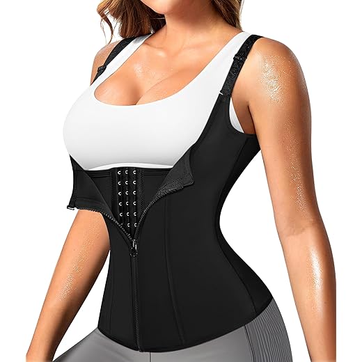 Nebility Women Waist Trainer Corset Zipper Vest Body Shaper Cincher Tank Top with Adjustable Straps (2XL, Black)