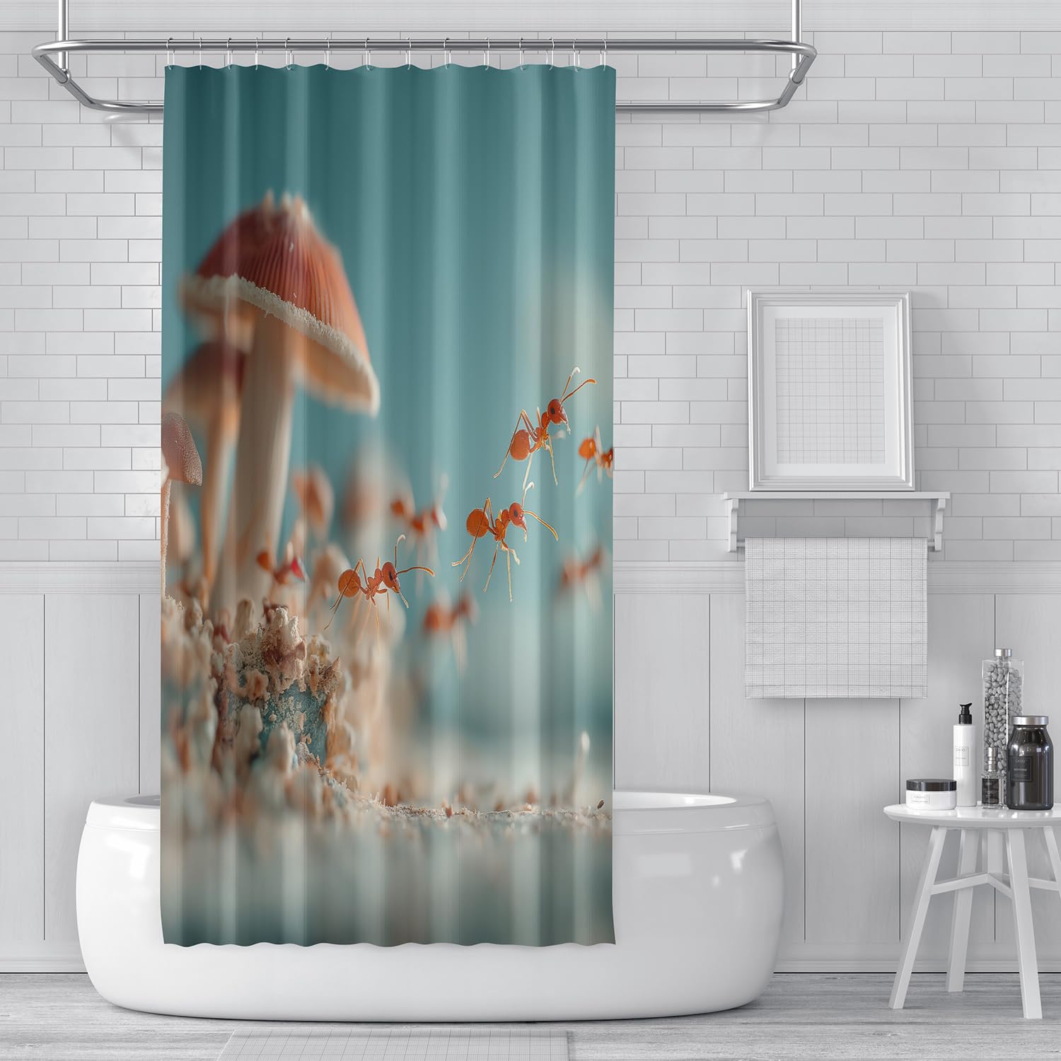 3D Pilze-Duschvorhang 200x200, Badezimmervorhang mit Rotem Ameisen und Pilzdruck, Blauer Hintergrund, Wasserdichtes Polyestergewebe für Nassraum Badezimmerdekor, B200 x H200 cm (1Er Pack)