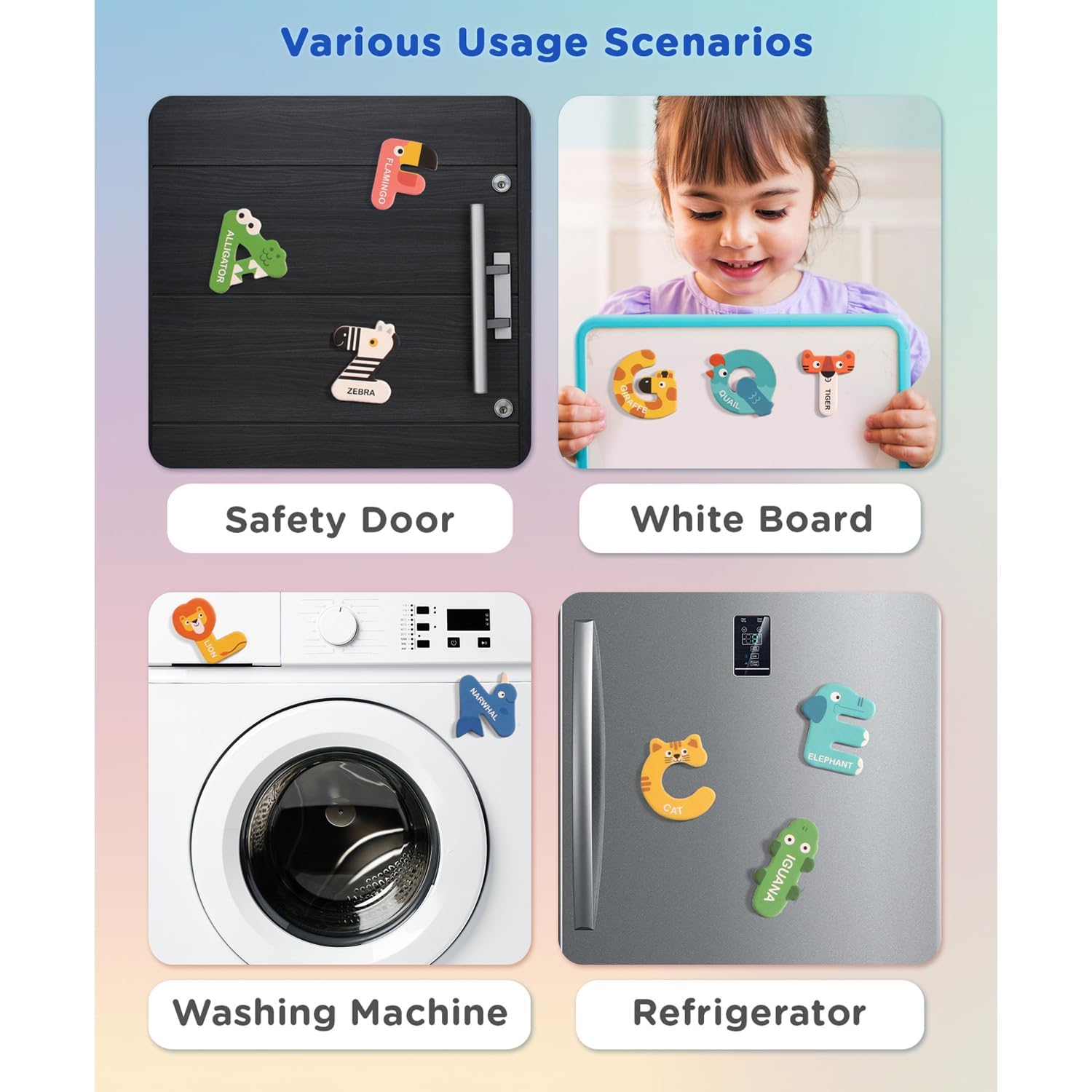 Netora 26 Magnetic Wooden Letters, Cute Animal Alphabet ABC Wood Magnets for Fridge Colorful Uppercase Animals Toys Set Educational Spelling Learning Games for Kids, Toddlers 3 4 5 Years Old 4