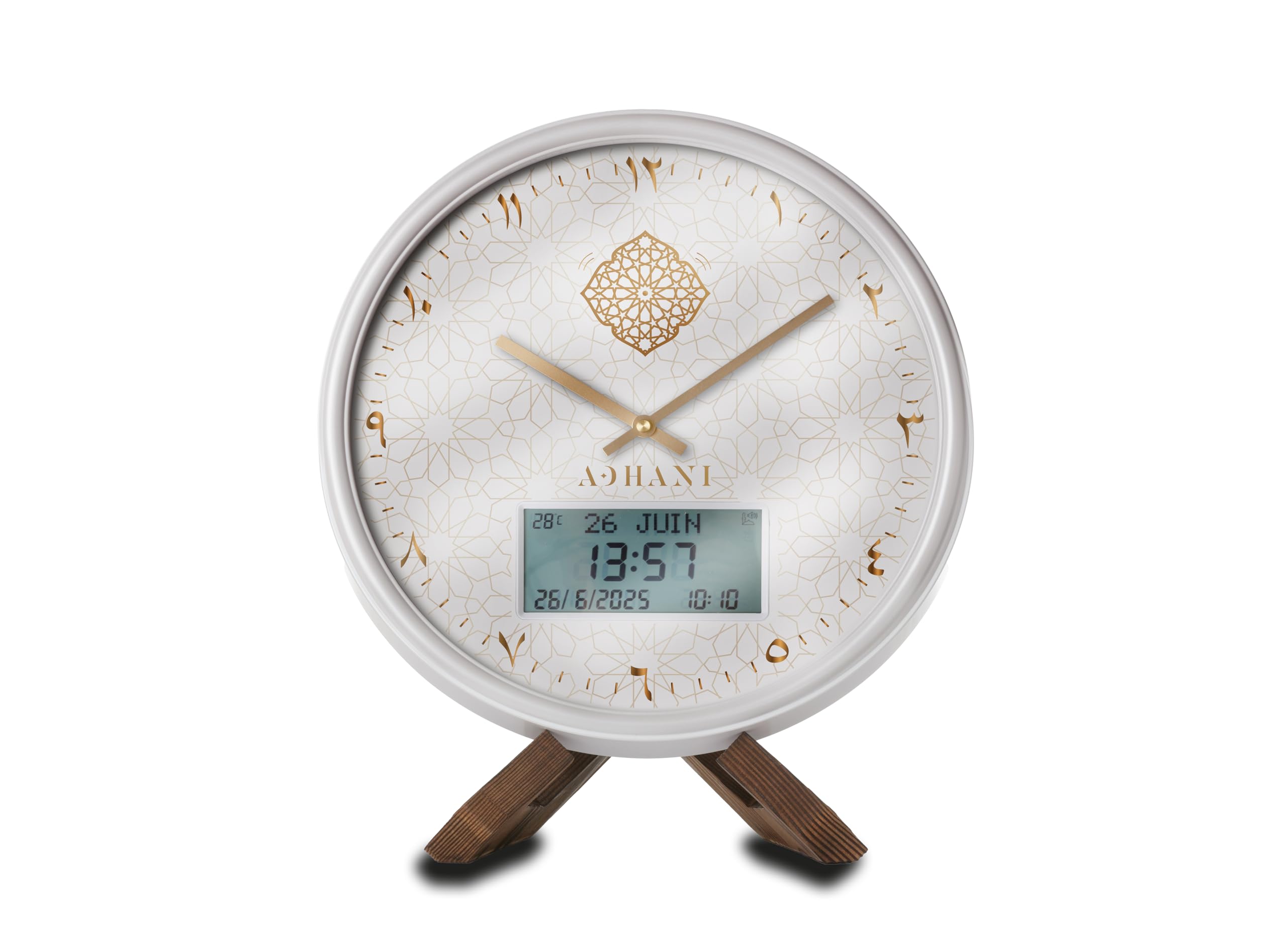 Horloge Adhan Moderne – Appel à la prière Automatique – Chiffres Indiens (Blanc doré)