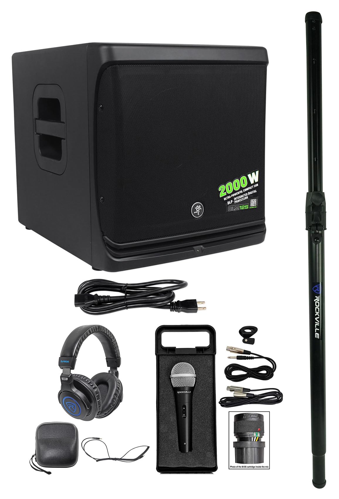 Audiosavings Bundle: (1) New Mackie DLM12S Powered Active Live Sound DJ PA Subwoofer Sub Bundle with (1) Rockville Air Assist Auto Lift Subwoofer to Speaker Standard 35mm Pole Mount (Items 4)