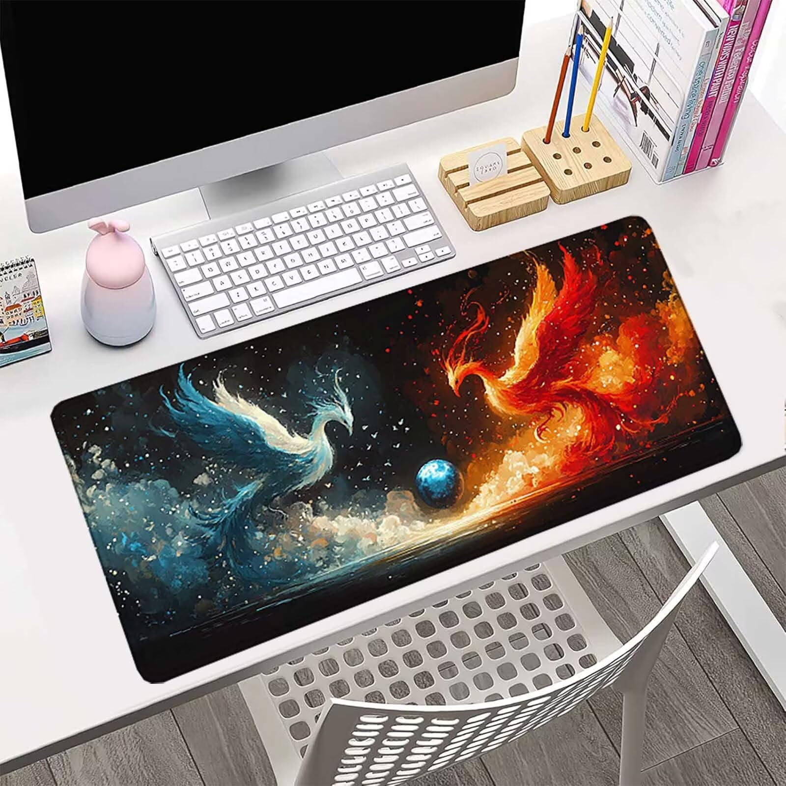 Podkładka pod mysz dla zwierząt XXL 1200 x 600 mm, wodoodporna podkładka pod mysz feniks wzór szyte krawędzie akcesoria biurowe antypoślizgowa gumowa podstawa powierzchnia dla graczy, biurko