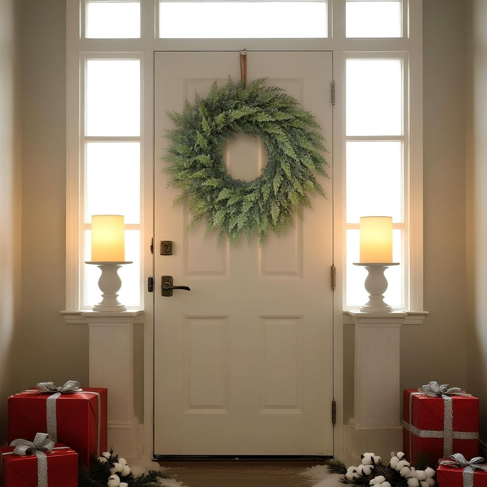 Künstlicher Zedernkranz, 61 cm, fühlt sich echt an – künstlicher Weihnachtskranz für Haustür, Urlaub, Kamin, Kaminsims, Wand, Fenster – Kieferngrün, Außendekoration