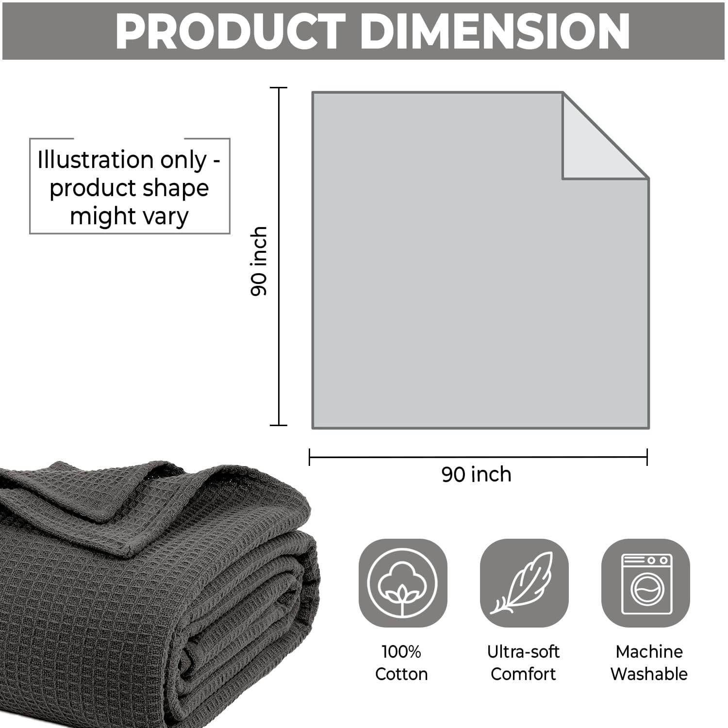 100% Cotton Blankets Queen Size for Bed - Waffle Weave Blankets for Summer, Lightweight and Breathable Soft Woven Blanket for Spring, (Dark Grey, Queen (90