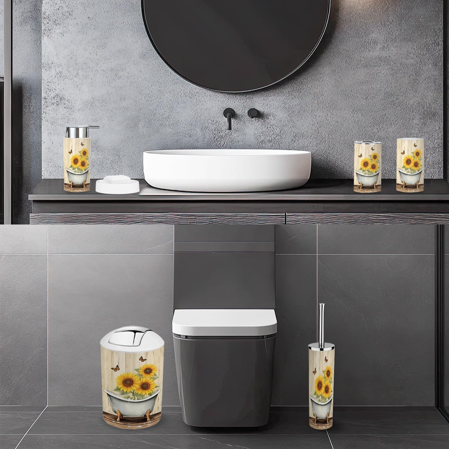 Bathroom Accessory Set 6 Piece Sunflower Yellow Bathroom Decor Flower Bathtub Butterfly Trash can, Toothbrush Holder, Soap Dispenser, Soap Dish, Toothbrush Cup, Toilet Brush Holder