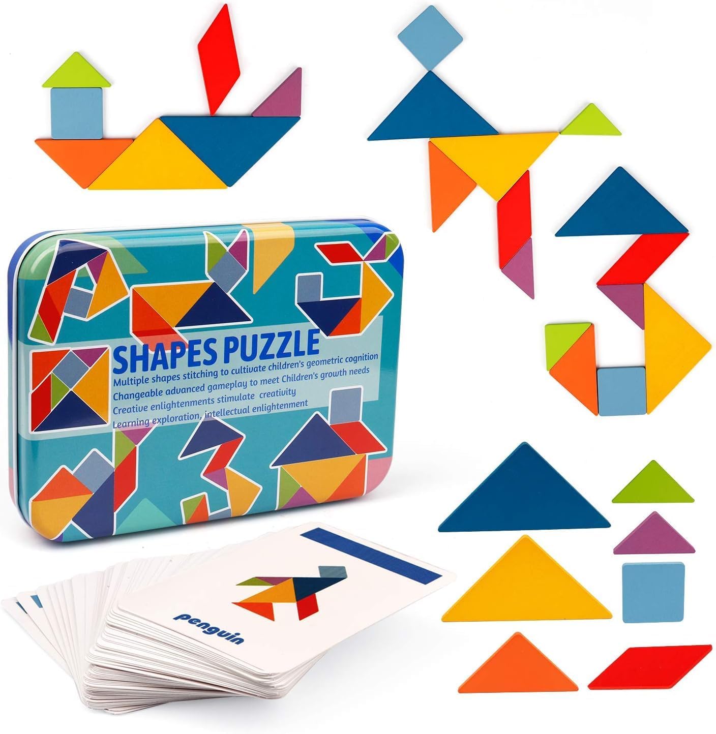 7pcs Wooden Tangram Puzzle Box Pattern Blocks with 60 Cards for Kids Early Development