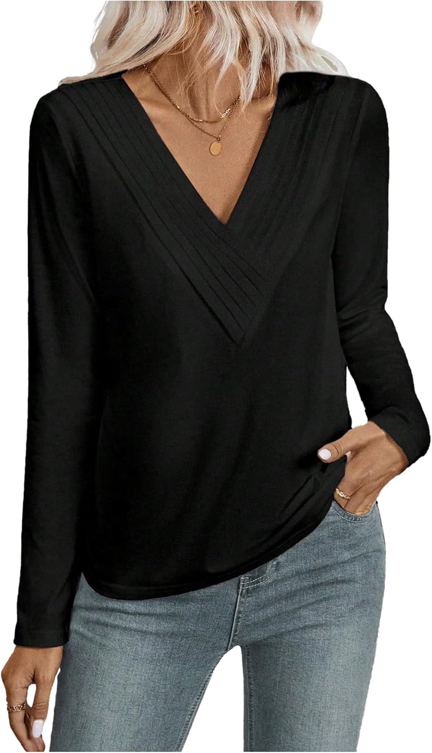 Women's V Neck Long Sleeve T Shirts Basic Tees Fall Dressy Casual Work Tops