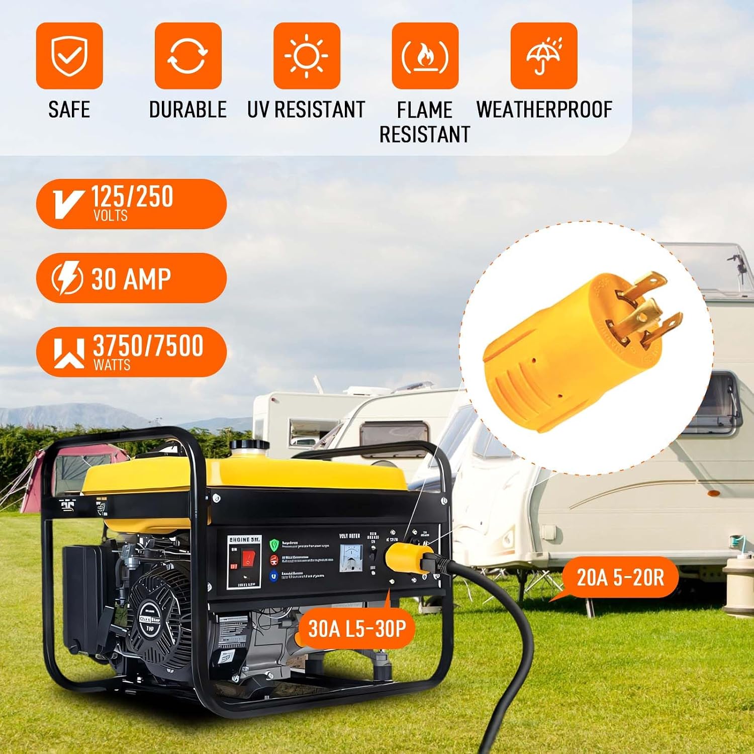 NEMA L5-30P to 5-15/20R RV Generator Adapter, 3-Prong Locking Generator Shore Power Adapter: NEMA L5-30P to Household Regular 5-15R/5-20R Inlet Connector - 30A to 110V/120V for RVs & Marine