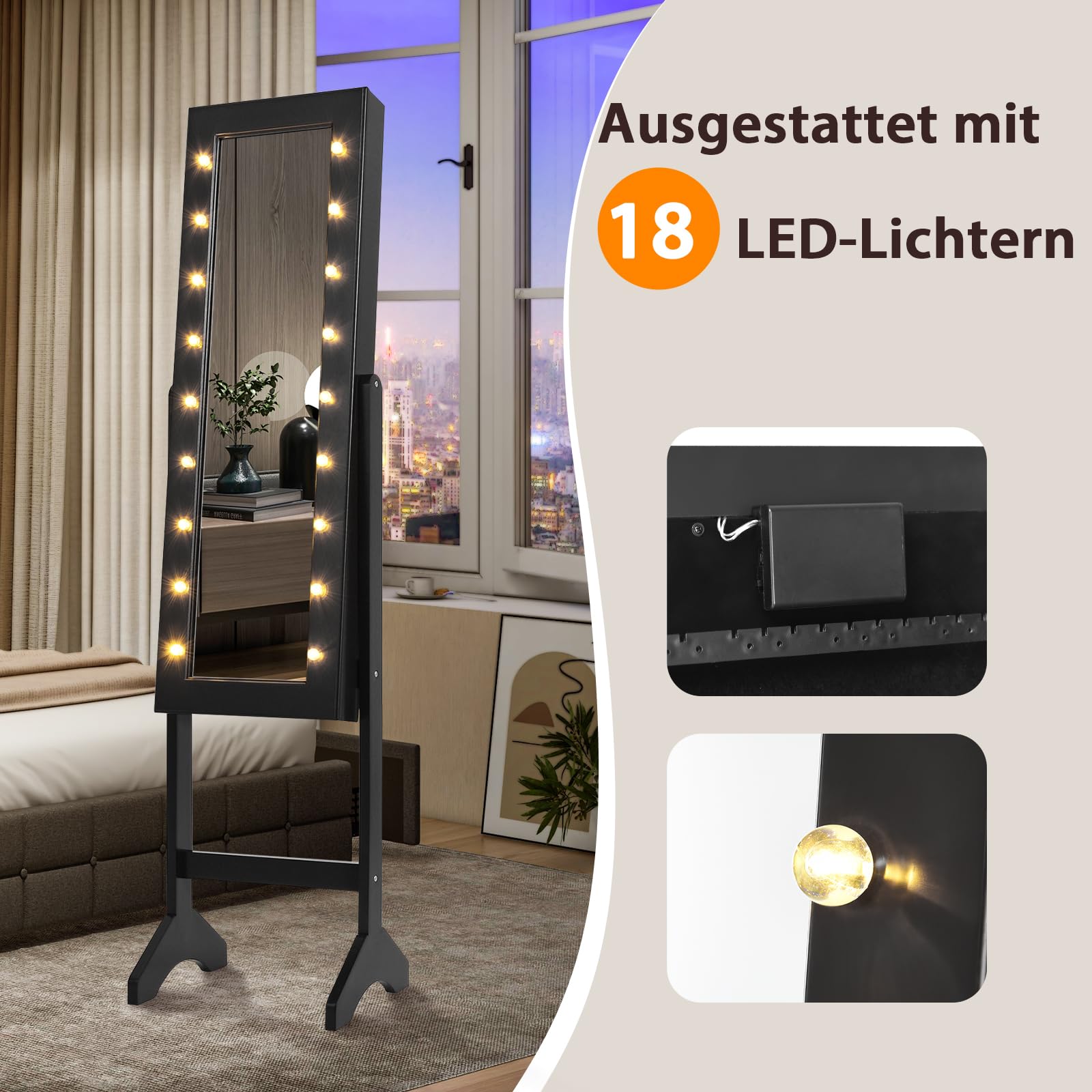 GOPLUS Schmuckschrank mit LED-Beleuchtung, Schmuckregal mit Ganzkörperspiegel & Eingebautem Spiegel, Frei Stehender Spiegelschrank, mit Stauraum für Schmuck & Kosmetika (Schwarz)