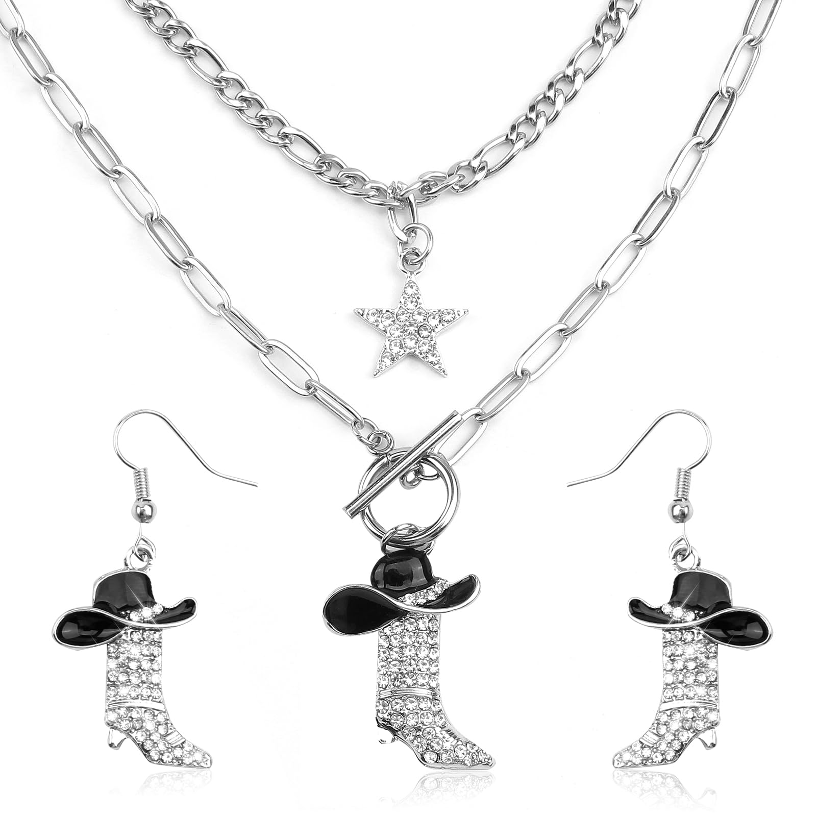 SyhirNmly 3Pcs Cowgirl Necklace Earrings Western Jewelry Set for Women, Silver Cowgirl Boot Earrings, Sparkly Rhinestone Cowboy Enamel Hat Boot Star