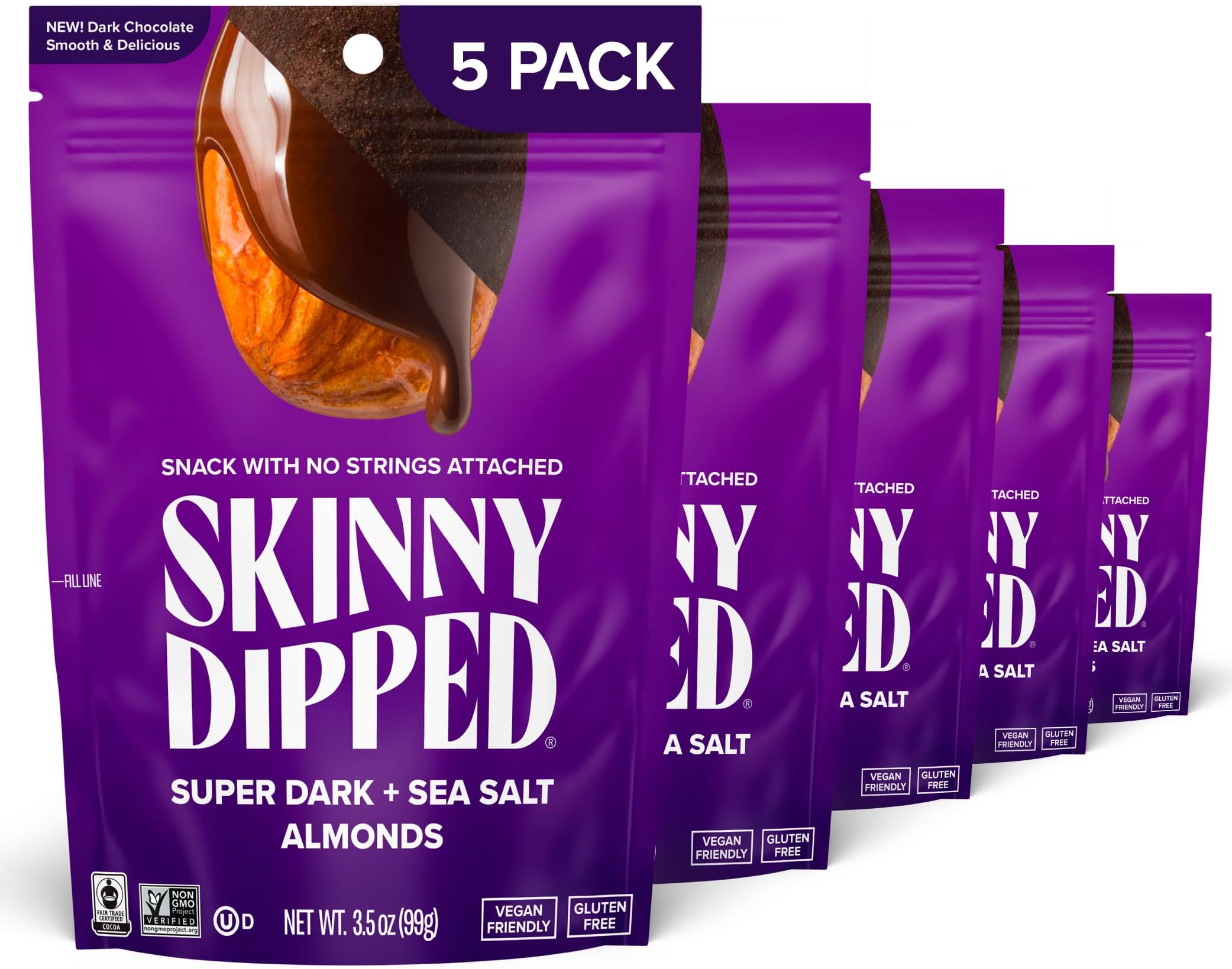 Super Dark Chocolate + Sea Salt Almonds, Vegan, Healthy Snack, Plant Protein, Gluten Free, 3.5 oz Resealable Bags, Pack of 5