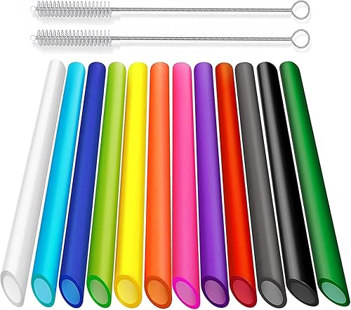 ALINK 12 popotes Boba reutilizables, 0.512 in x 8.5 pulgadas, pajitas de plástico de colores para té de burbujas, perlas de tapioca con 2 cepillos