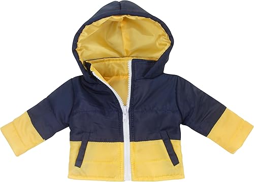 Sophia's Chaqueta acolchada de dos tonos con capucha, cremallera y bolsillos para muñecas de 18 pulgadas, azul marinoamarillo