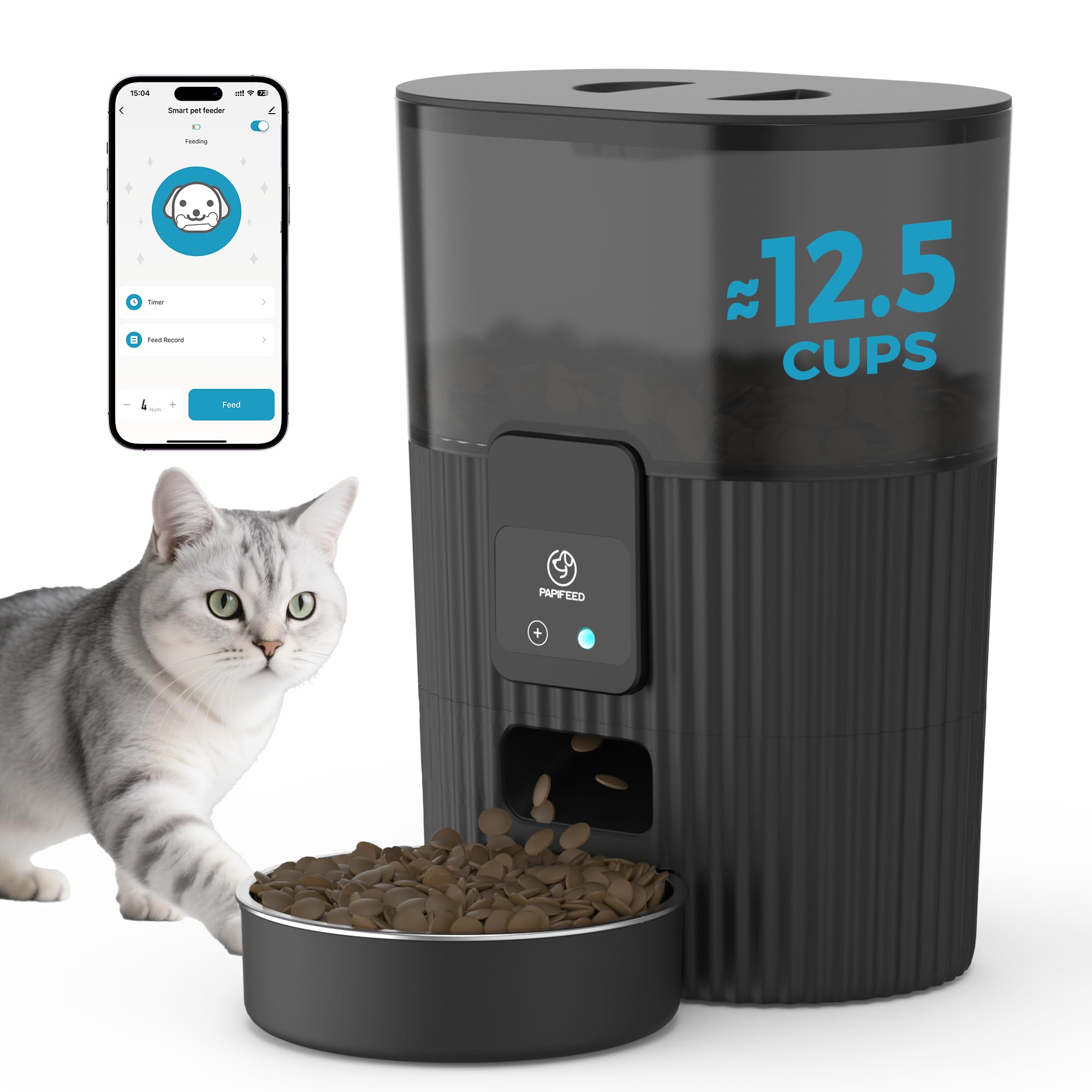 PAPIFEED Automatic Cat Feeder 3.5L/15 Cup 2.4G WiFi Pet Feeder for Dog Work with Alexa & Echo Timed Cat Food Dispenser for Remote Feeding with Stainless Steel Bowl up to 10 Meals Per Day with APP