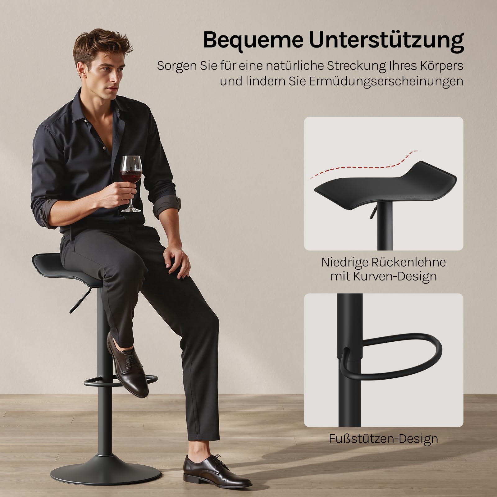 WOLTU Barhocker 2er Set, Höhenverstellbarer Barstuhl, 360° drehbarer Bistrohocker mit Fußstütze, aus Kunstleder Metall, für Bar Küche Theke Café, Schwarz+Schwarz