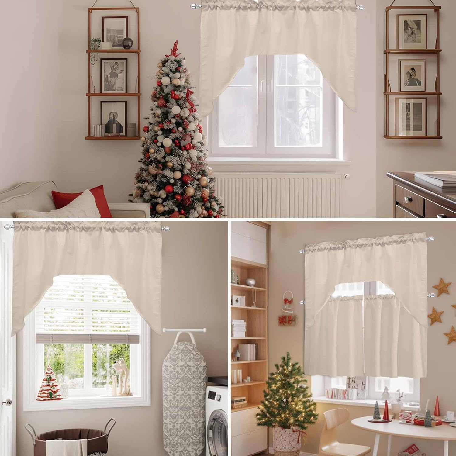 Beige Pure Color Swag Valance and Tier Curtains 36'' Length Set, Aesthetics Contemporary Modern Light Filtering Kitchen Curtains, Tier Curtain Valances for Bathroom/Living Room/Bedroom/Café