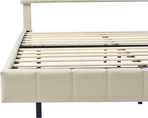 Miniatura 7 de Base de cama flotante de madera tamaño Queen con luces LED y carga USB, moderna plataforma tapizada de lino con cabecero, beige