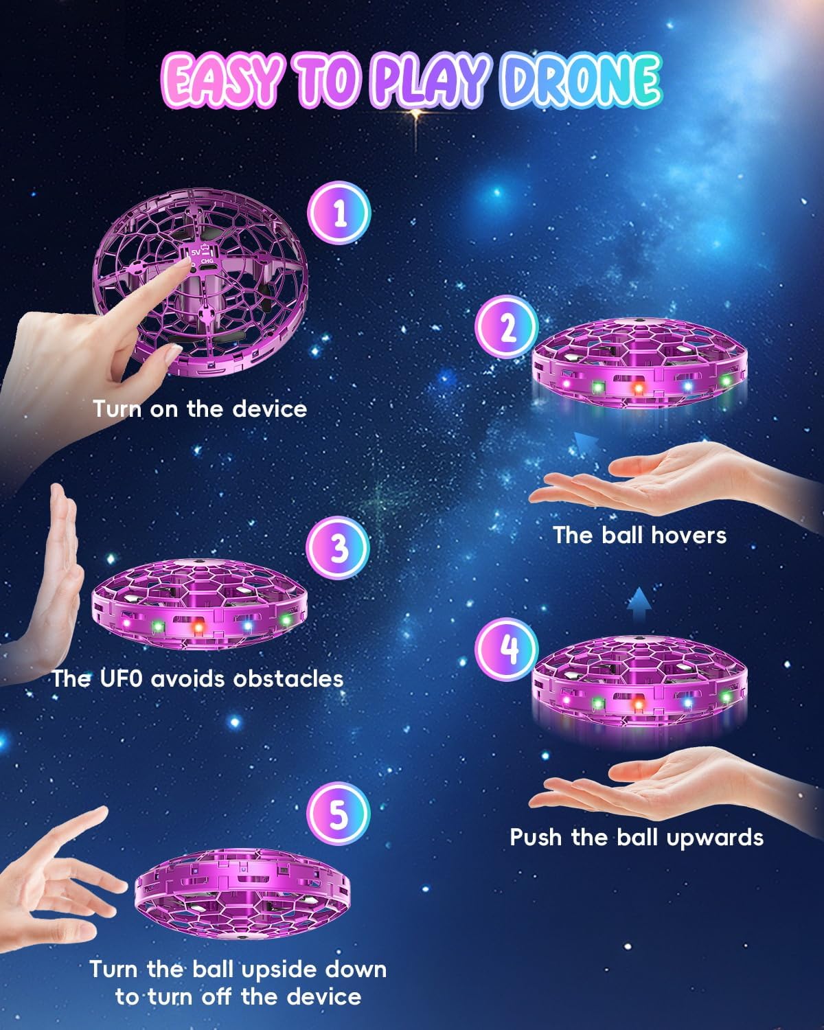 Flying Toy Drone for Kids，360° Hands Free Motion Sensors Mini Drone with Cool LED Lights,Easy Indoor Small UFO Toy Flying Ball Drone for Kids -Pink