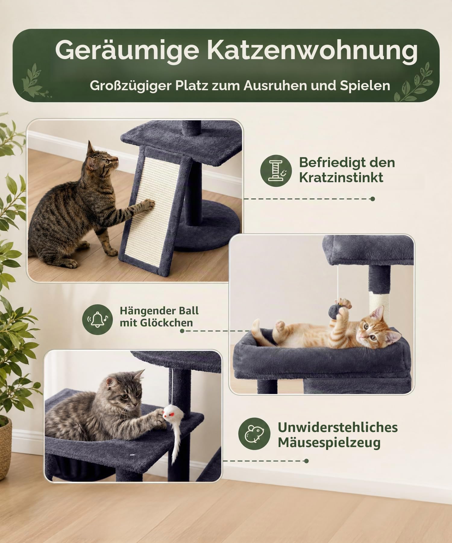 Kratzbaum, 173 cm hoch, Katzenbaum für große Katzen | XL Mehrstöckiger Katzenkratzbaum mit 2 Gemütliche Höhlen, 2 Plattformen, Korb, Kratzbrett, Sisal Kratzbaum, Plüschbälle