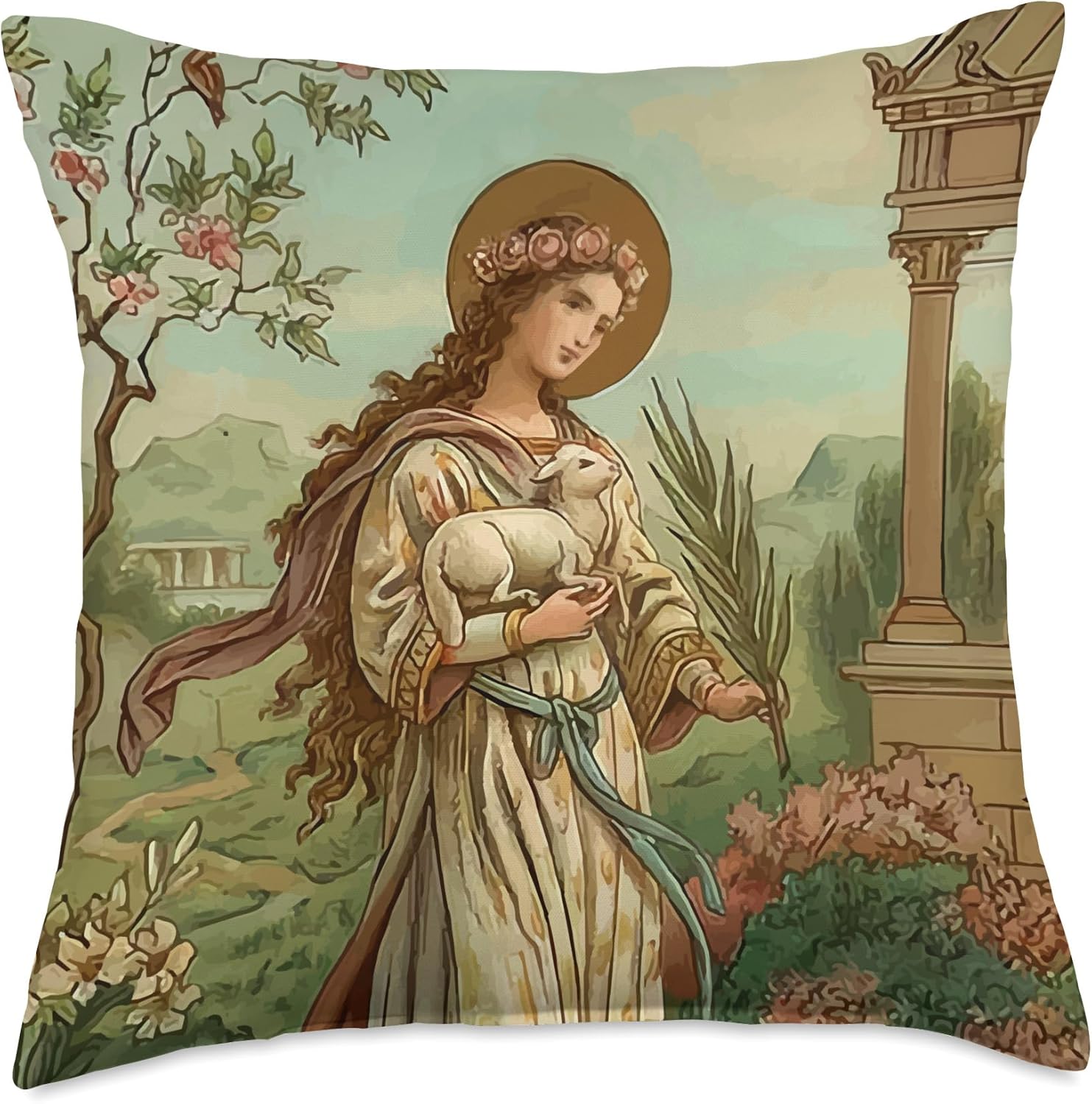 St Agnes of Rome Prayer Card Vintage Catholic Art Saints Throw Pillow