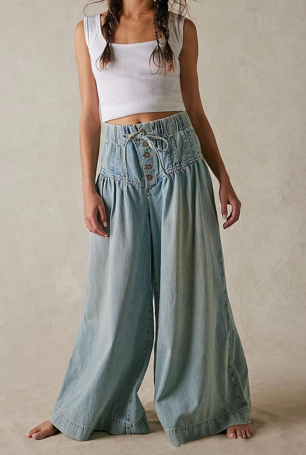 loveimgs Women Y2k Pleated Baggy Jeans Elastic Waist Wide Leg Denim Pants Palazzo Cargo Barrel Jeans Drawstring - Image 2