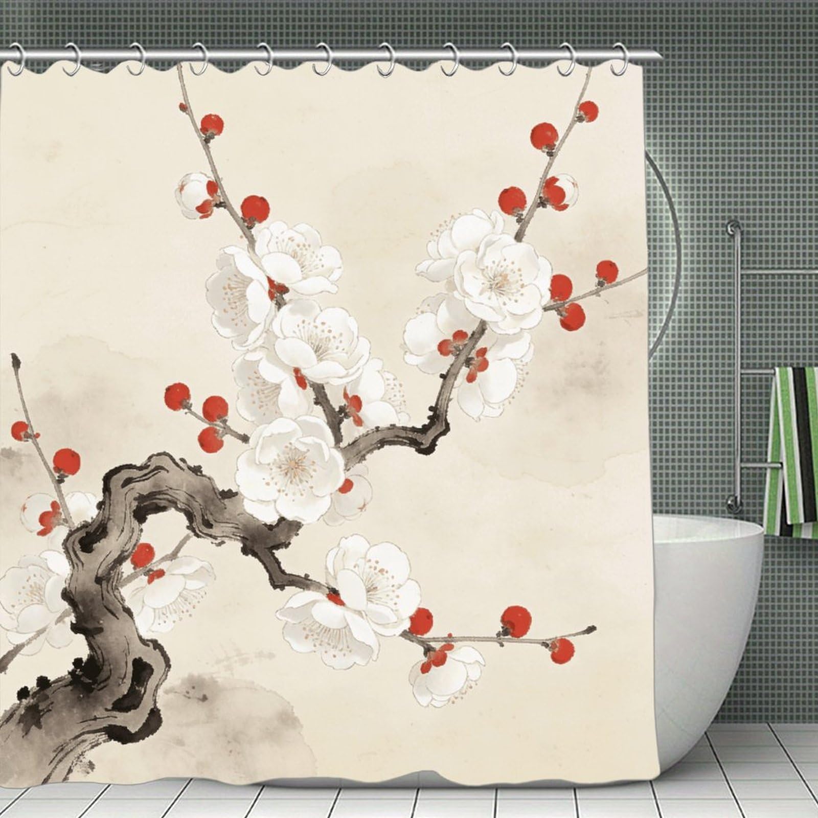 VstaDank Plum Blossoms Adorned with Red Shower Curtain Light-Weight Blackout Bathroom Curtain Washable Shower Liner 71x71 Inch Bath Curtain with Metal Holes Bathtub Bath Room