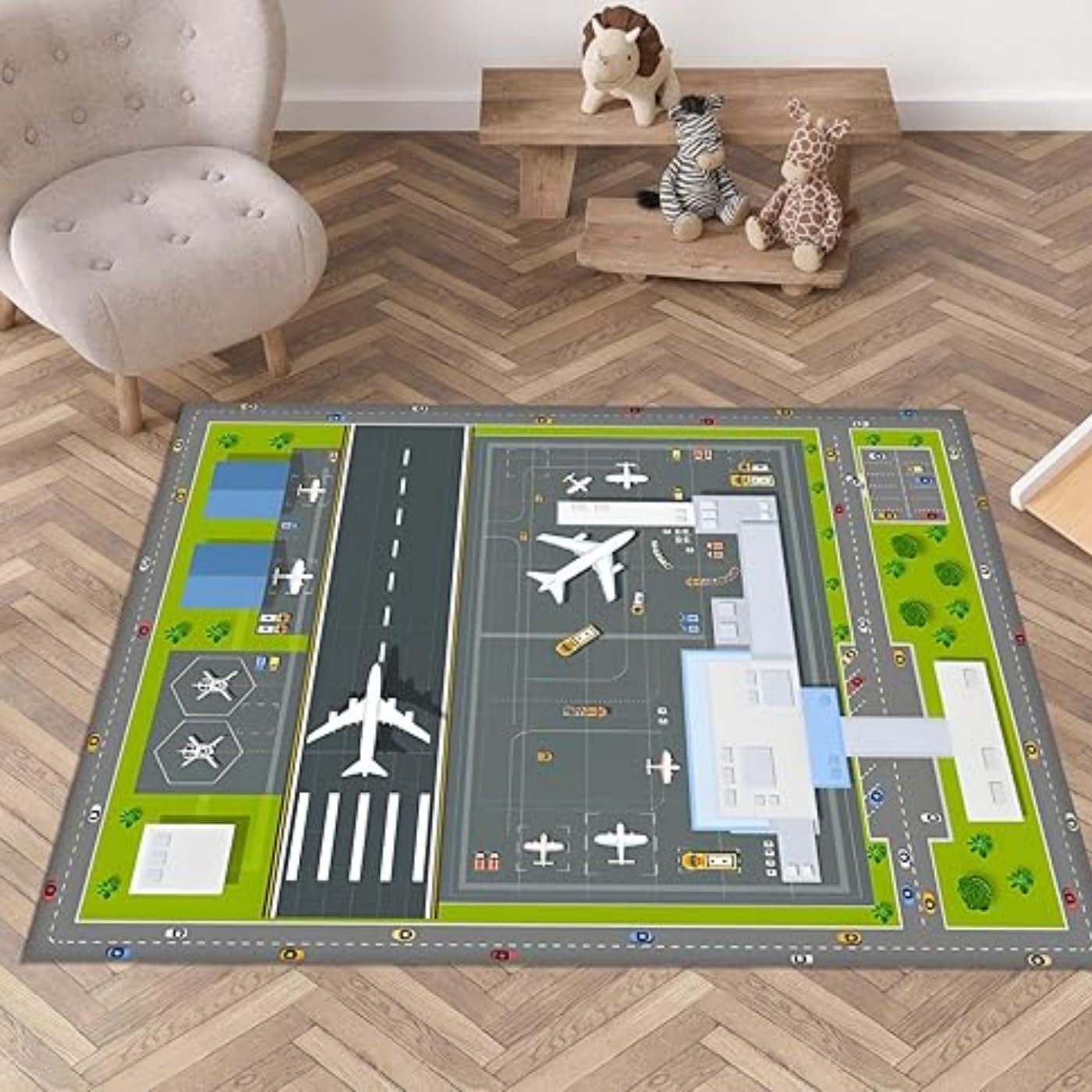 Tapis Aviation Piste D'Atterrissage Avion - Moelleux Anti-Dérapant Lavable Pour Chambre Enfant Garçon Fille (Vert, 60x90cm)