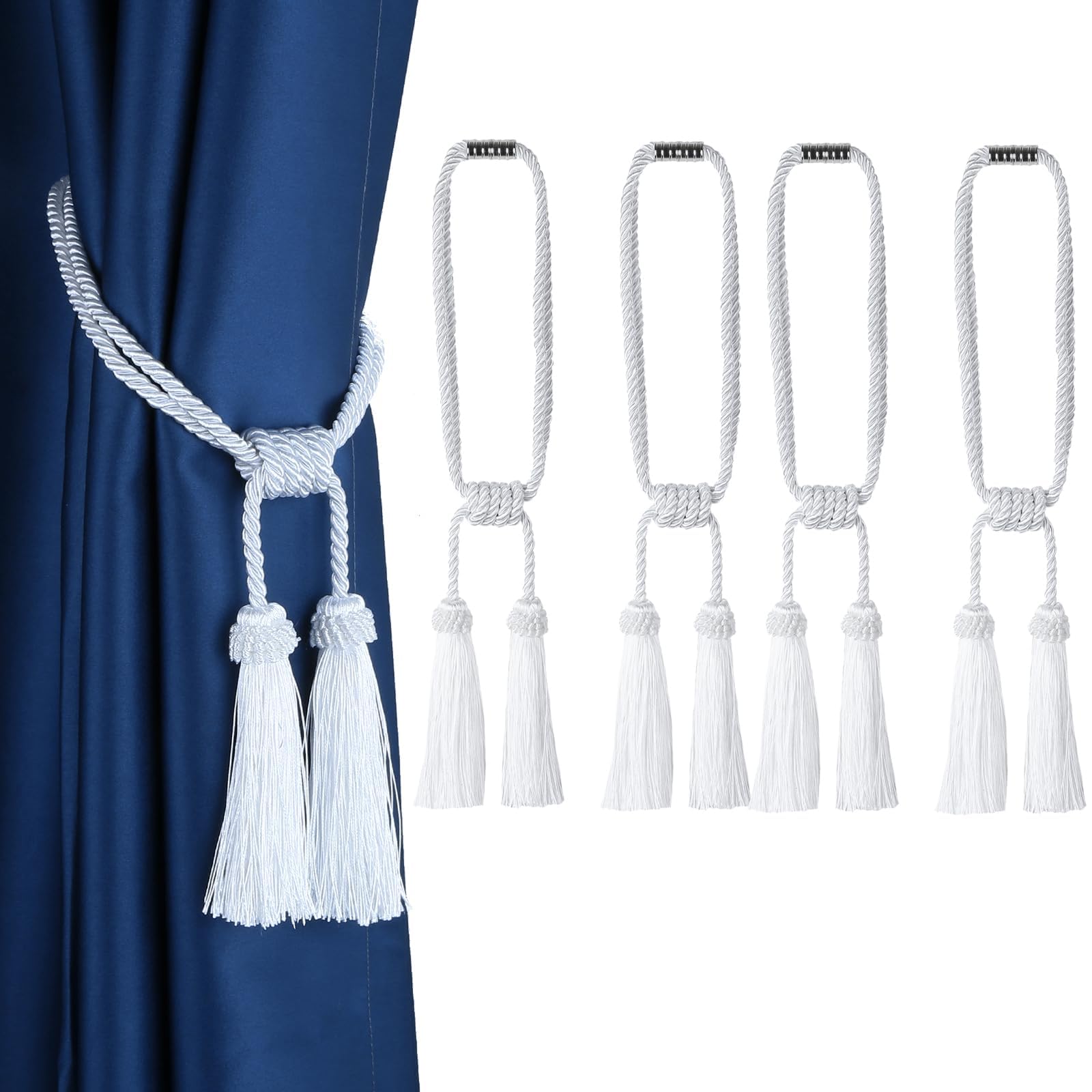 Fenghuangwu Magnetic Curtain Tiebacks 4Pack Tassel Curtain Tieback Modern Handmade Tie Backs,Decorative Tassel Holdback for Draperies,Window Decor (4, White)