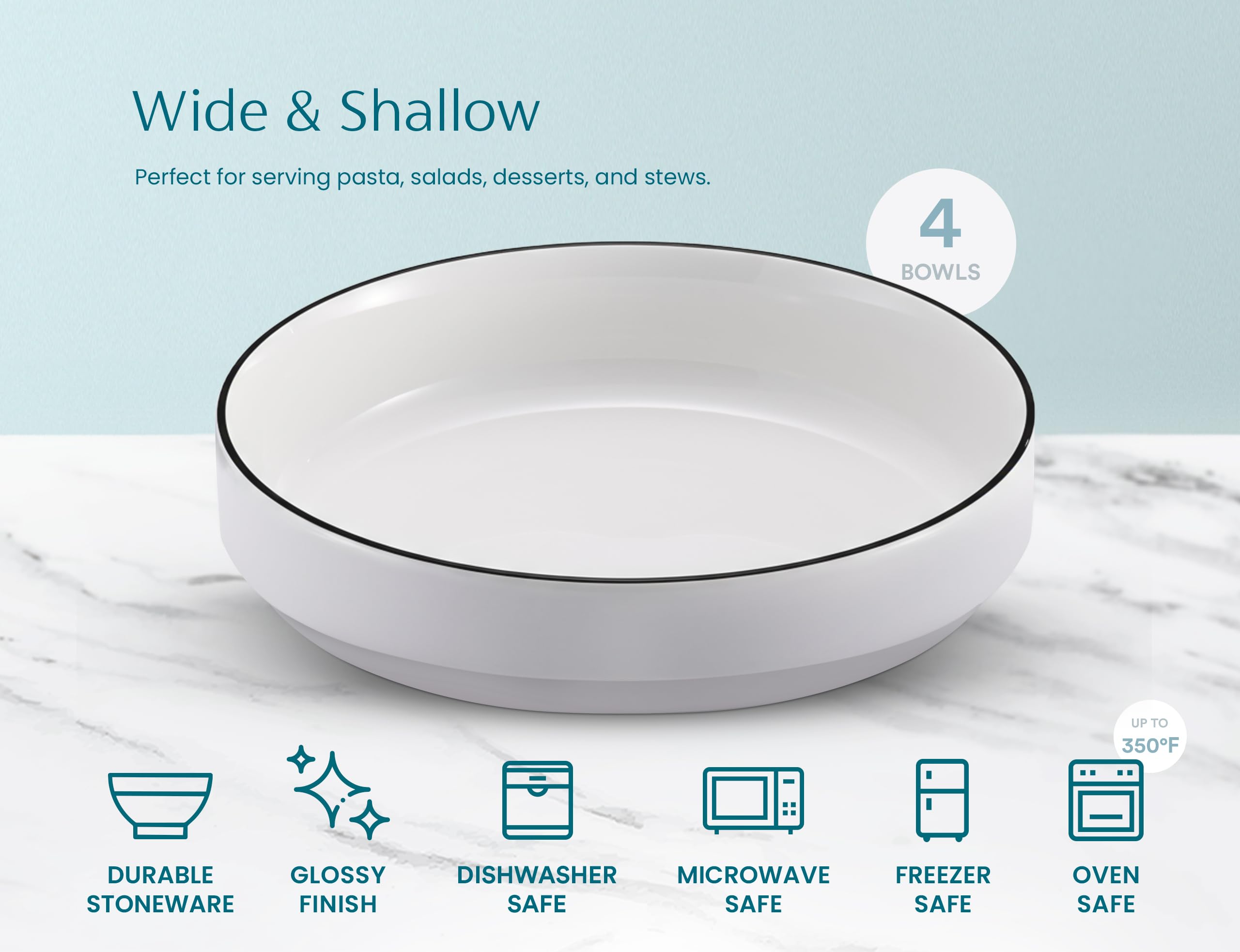 KooK Cuencos grandes de cerámica para pasta, aptos para microondas y lavavajillas, ideales para sopas y ensaladas, cuencos poco profundos, porcelana brillante, 48 onzas, juego de 4, francés