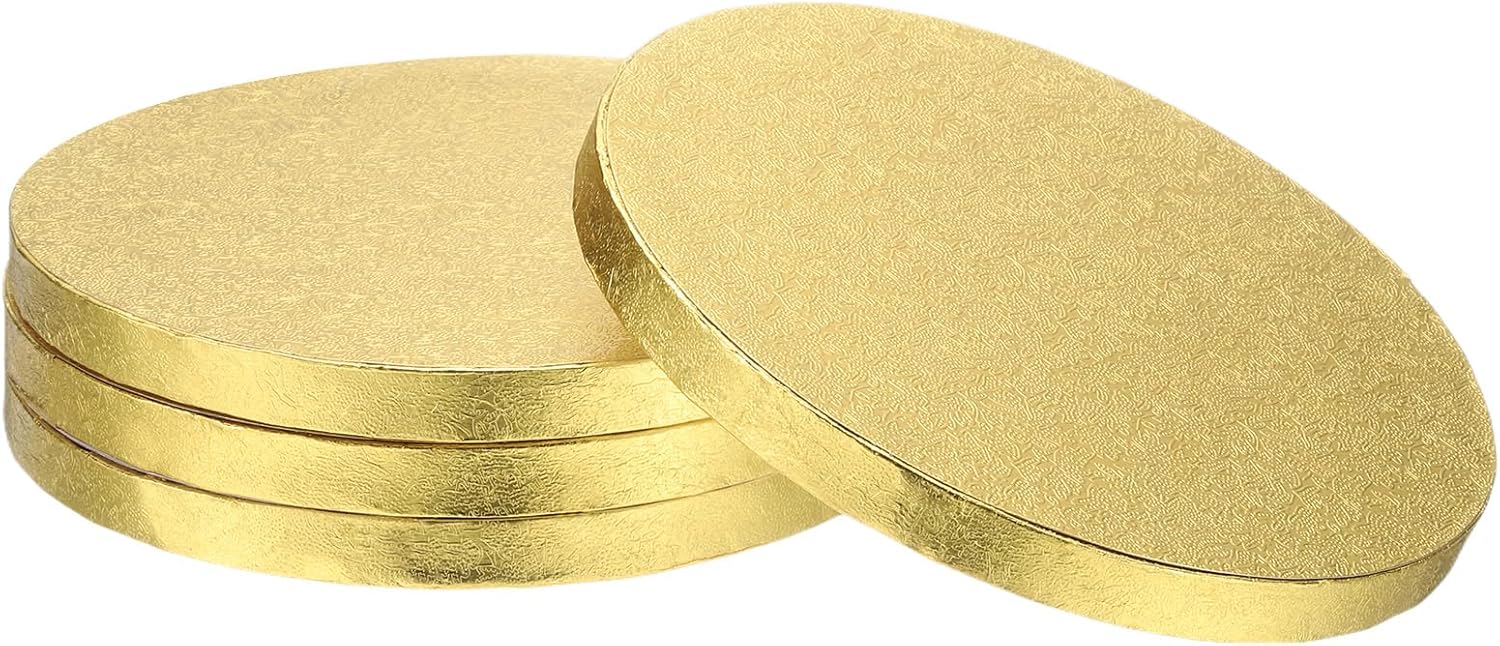 sourcing map 4pcs Cake Boards, 6 Inch Round Cake Drum Circle Cake Base Grease Proof Pastry Board for Cake Baking Wedding Birthday Party Supplies Gold