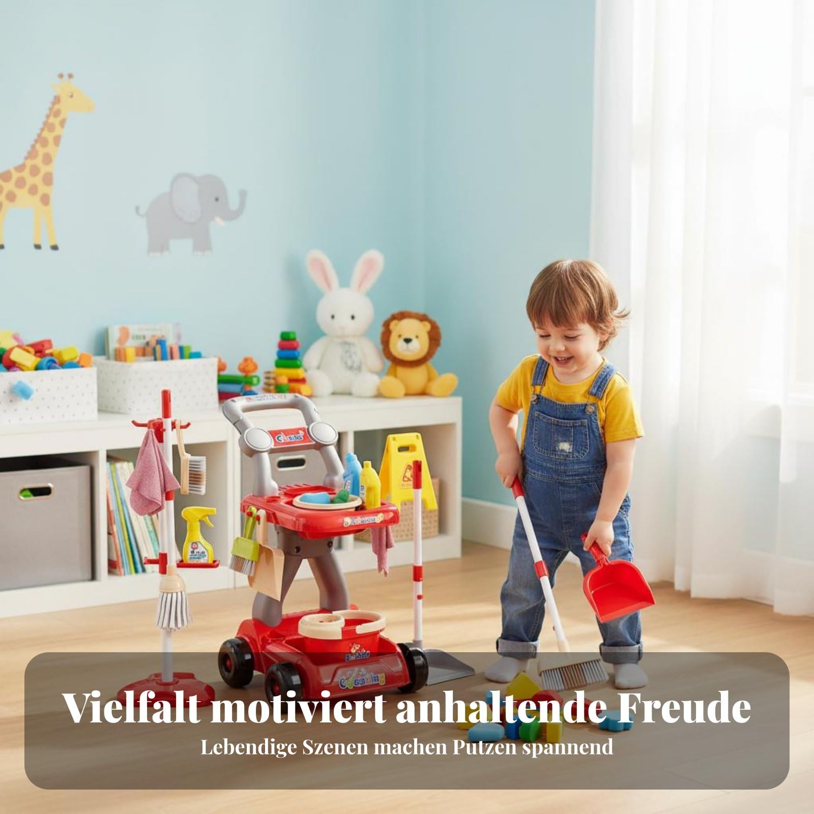 predolo Enfants Ensemble de Nettoyage Kit de Ménage Jeu d'Imitation Jouet Éducatif Balai Pelle Seau et Outils d'entretien Miniatures en Plastique Support , Rouge , Set Trolley 18pcs