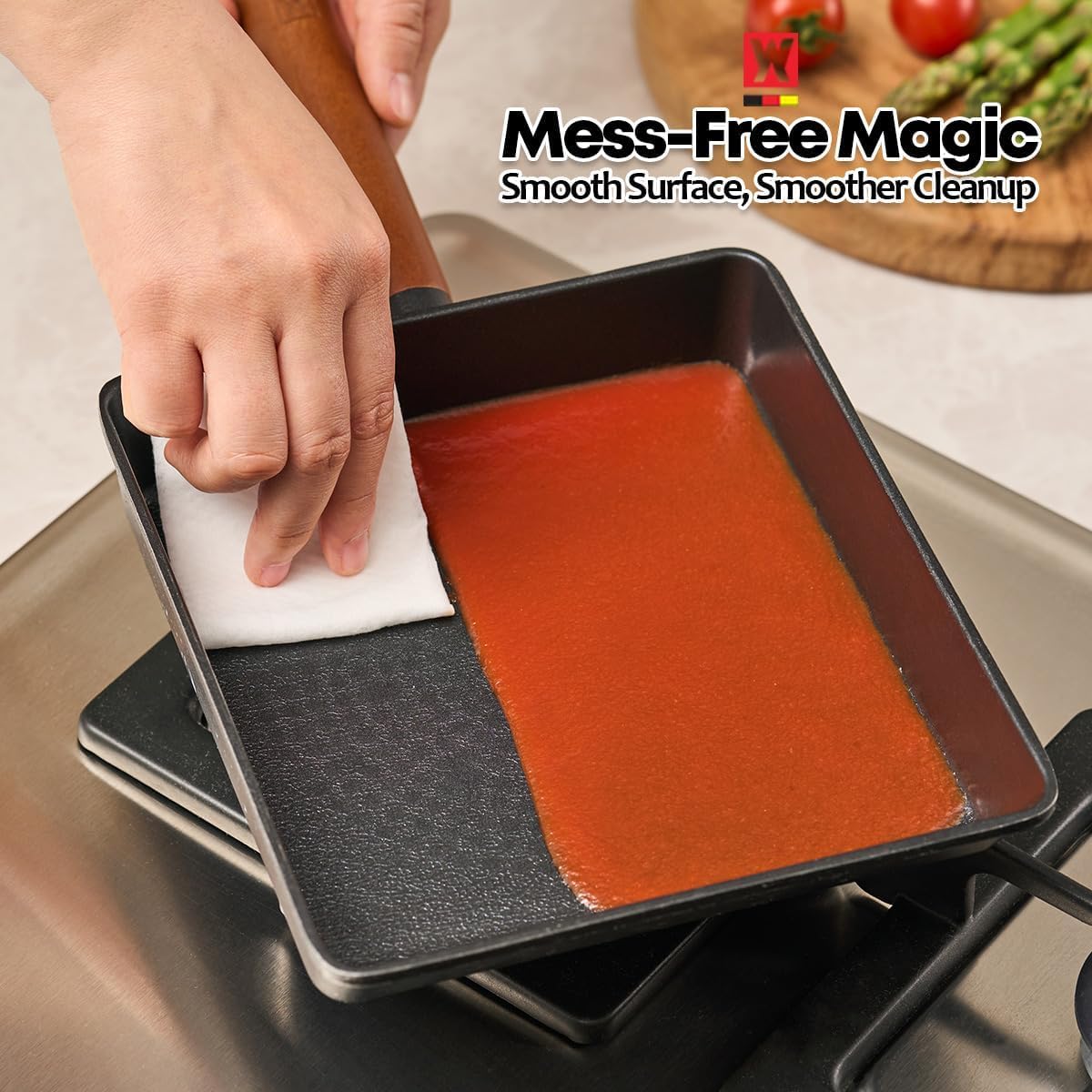 Rectangular Aluminum Frying Pan, Small Skillet with Titanium Coated Non-Stick Surface, 7-Layer Coating, Zelkova Wooden Handle, Made in Korea, Omelet Pan (15.75" L x 7.87" W x 1.57" H)