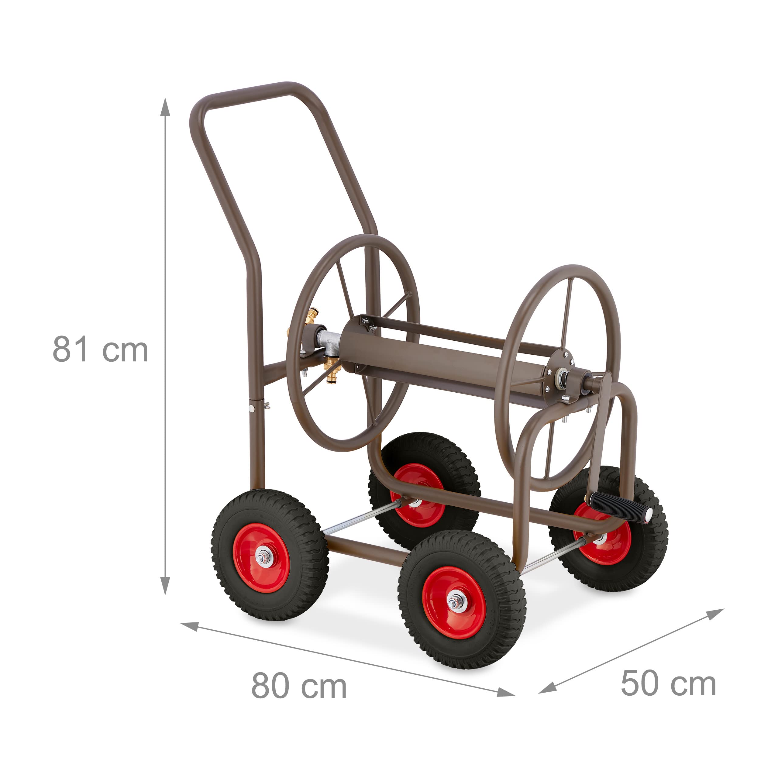 Relaxdays Brauner Schlauchwagen aus Stahl Carro Portamangueras, hasta 60 m, 4 Ruedas Neumáticas, Acoplamiento por Clic, Soporte Mangueras Metal, Marrón, Acero, 81 x 50 x 80 cm