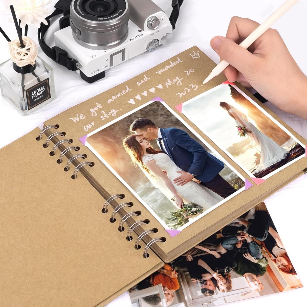 HASTHIP DIY Scrapbook Album,8"x8" Thick Craft Paper Binder,60 Blank Pages with Ribbon Tie Closure,Photo Album for Baby Milestones,Art Scrapbook,Wedding,Birthday Memories,Gift Keepsake,Free Size,Brown 2